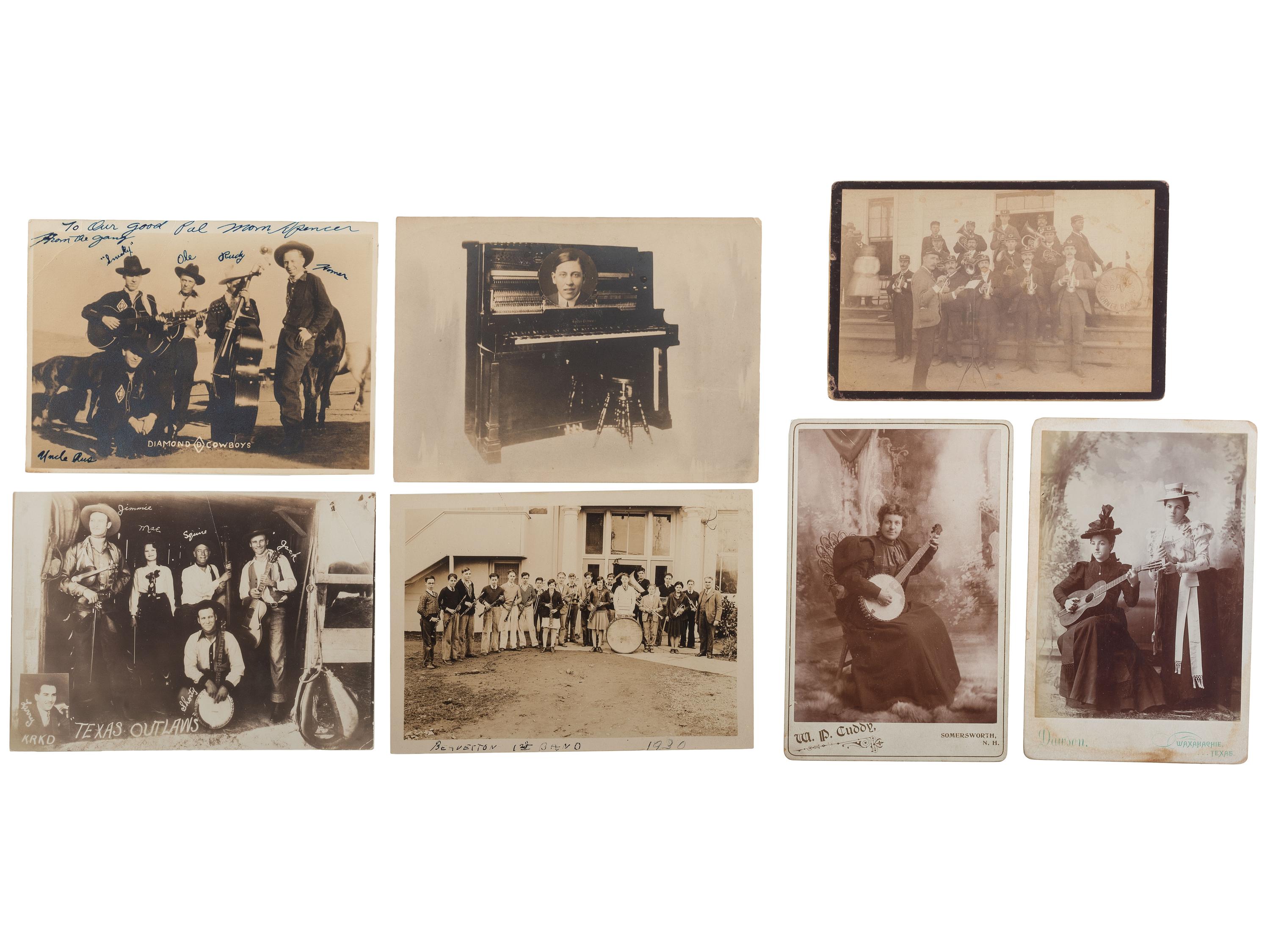 [ENTERTAINMENT]. A group of photographs and ephemera of early 20th-century entertainments, featuring bands, amusement parks, beaches, theater, camping, and the circus, including: