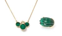 A Collection of 14 Karat Yellow Gold, Malachite and Diamond Jewelry, 14.30 dwts.