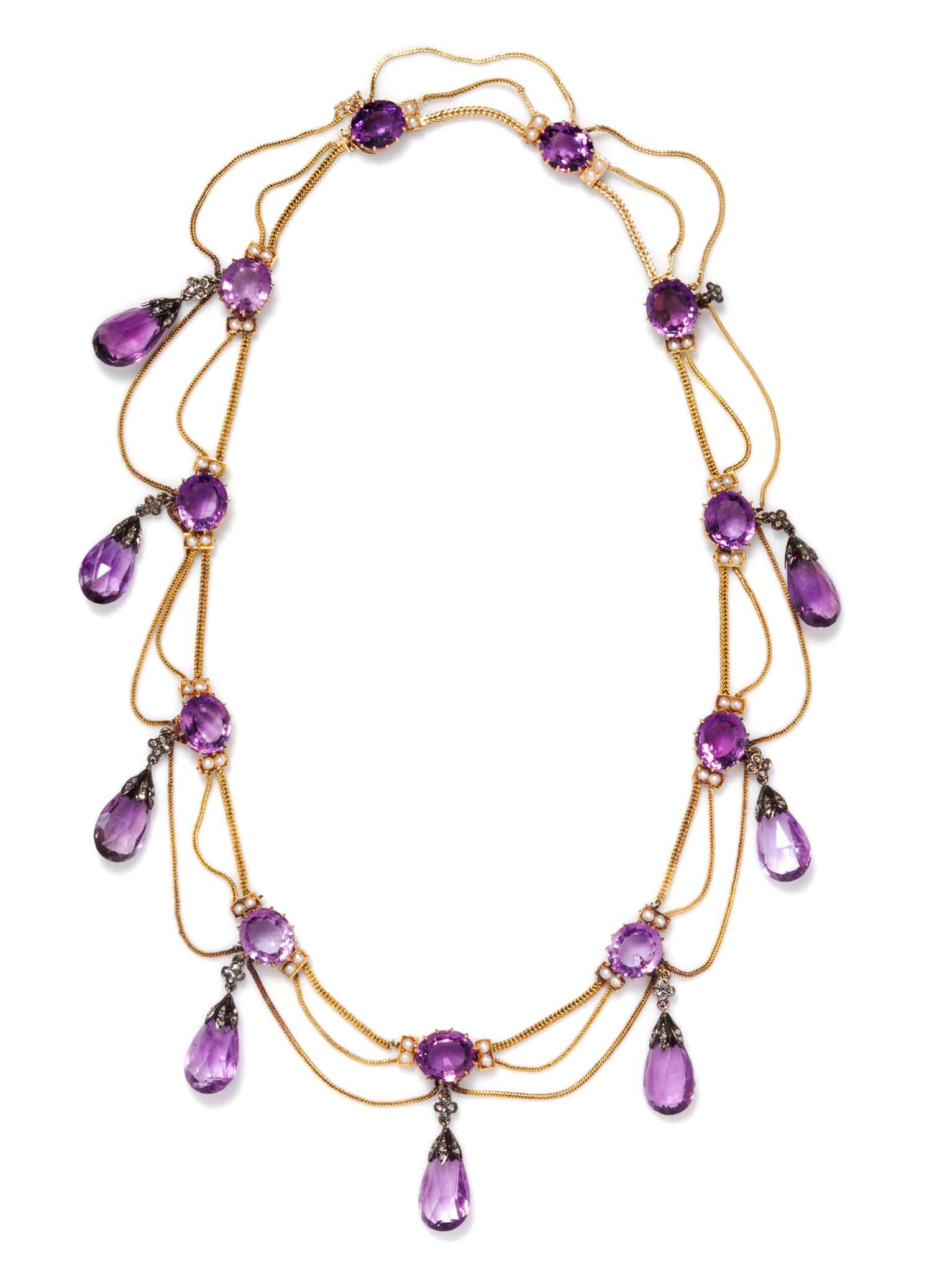 An Antique Yellow Gold, Silver, Amethyst, Pearl and Diamond Swag Necklace, 41.60 dwts.