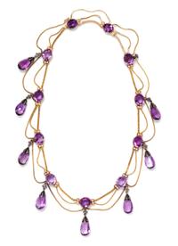 An Antique Yellow Gold, Silver, Amethyst, Pearl and Diamond Swag Necklace, 41.60 dwts.