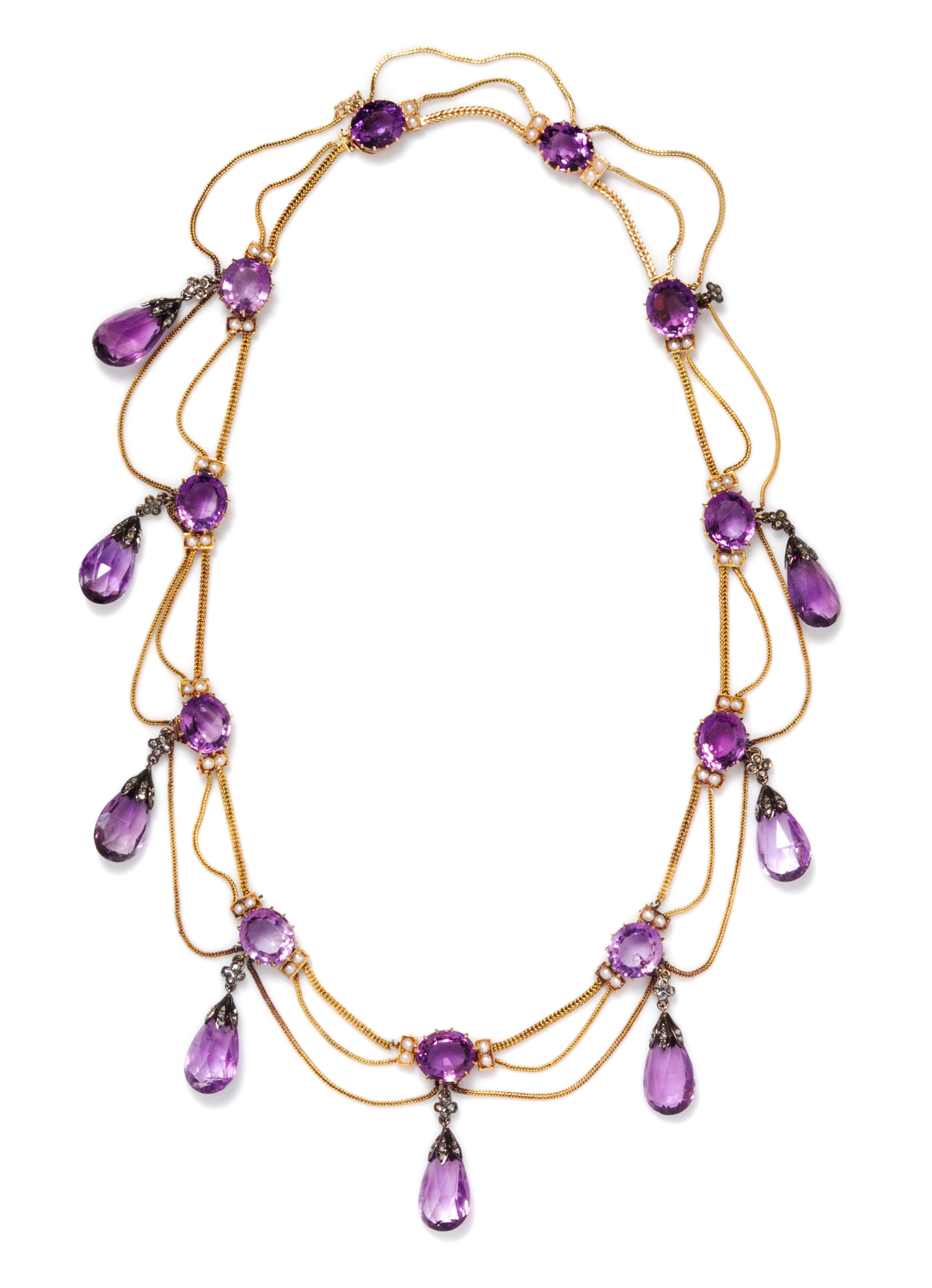 An Antique Yellow Gold, Silver, Amethyst, Pearl and Diamond Swag Necklace, 41.60 dwts.
