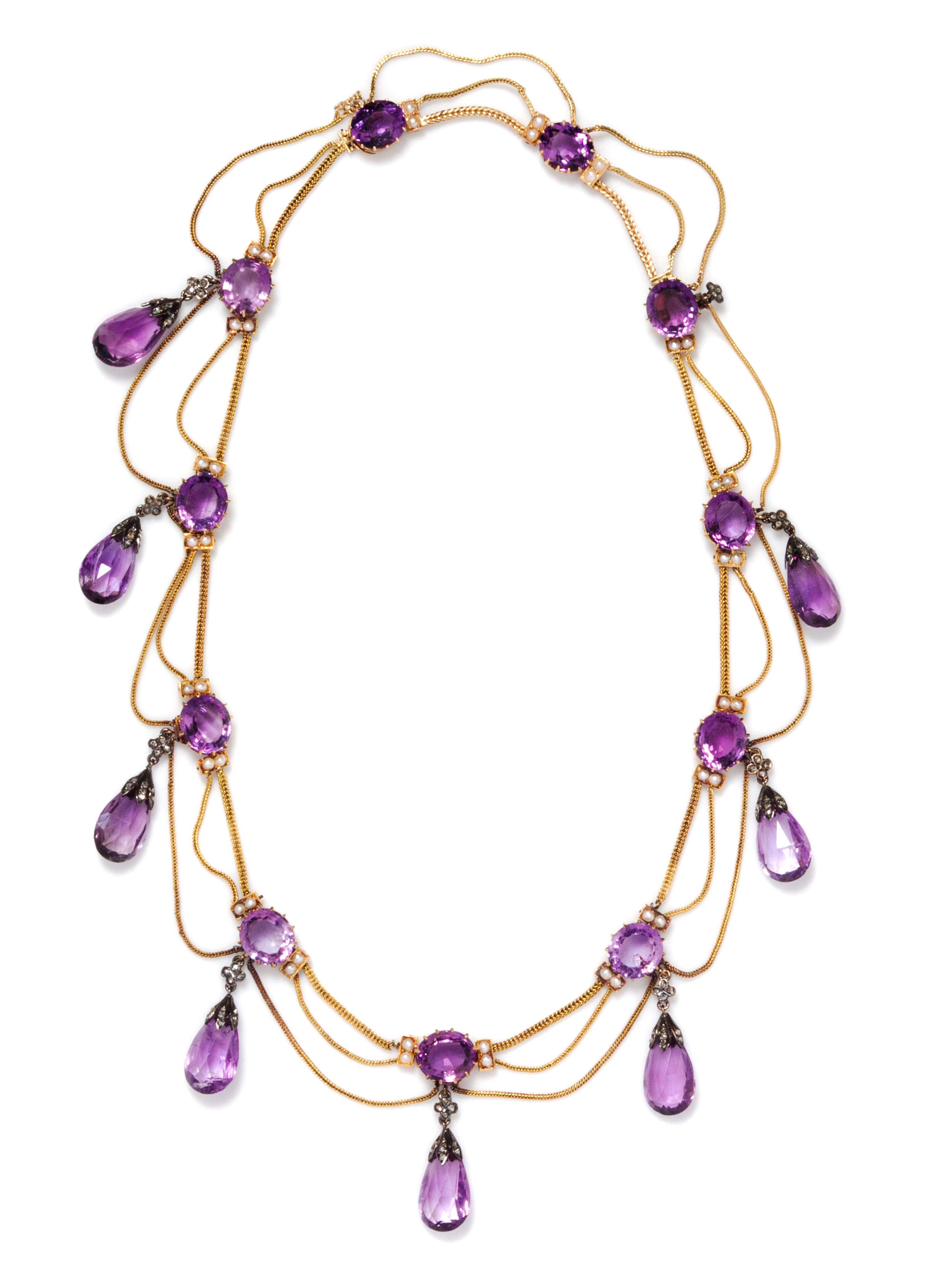 An Antique Yellow Gold, Silver, Amethyst, Pearl and Diamond Swag Necklace, 41.60 dwts.