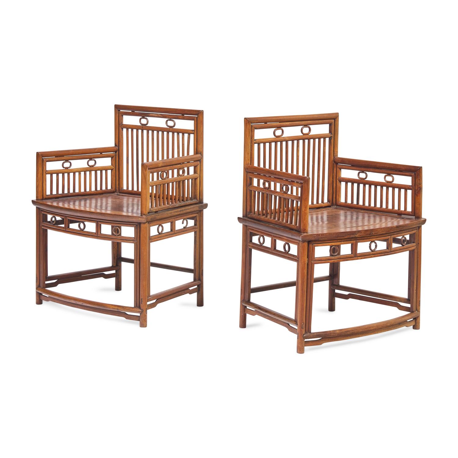 A Pair of Chinese Ming-Style Huanghuali and Mixed Wood Low Back Armchairs, Meiguiyi, 20th Century with Antique Elements 近代 黃花梨梳背式玫瑰椅一對