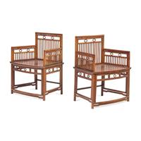 A Pair of Chinese Ming-Style Huanghuali and Mixed Wood Low Back Armchairs, Meiguiyi, 20th Century with Antique Elements 近代 黃花梨梳背式玫瑰椅一對