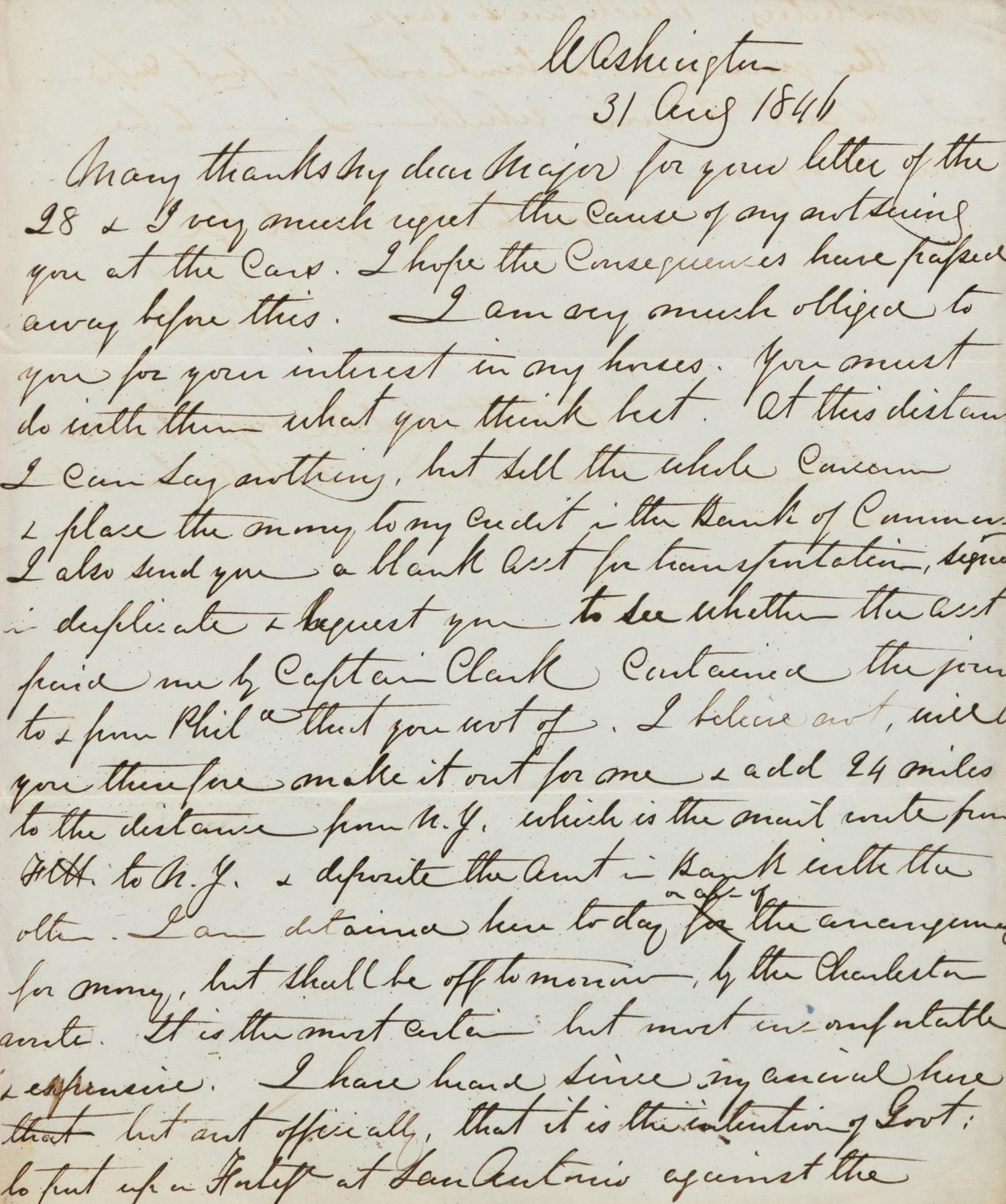 LEE, Robert E. (1807-1870). Autographed letter signed ("R E Lee"), to an unnamed recipient ("My dear Major"), 31 August 1846.