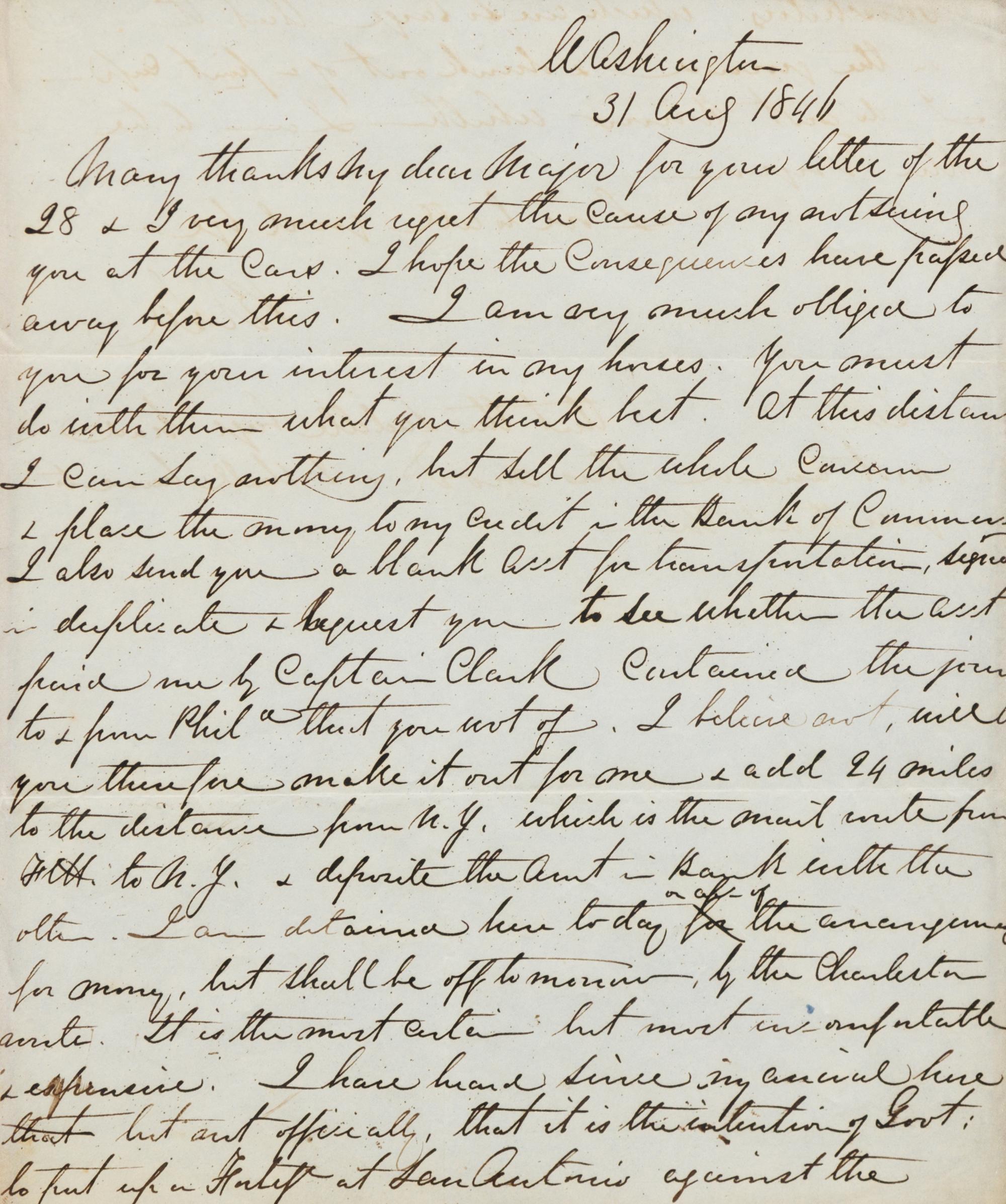 LEE, Robert E. (1807-1870). Autographed letter signed ("R E Lee"), to an unnamed recipient ("My dear Major"), 31 August 1846.