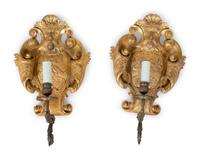 A Pair of Italian Baroque Style Giltwood and Bronze Single-Light Sconces — 19TH CENTURY