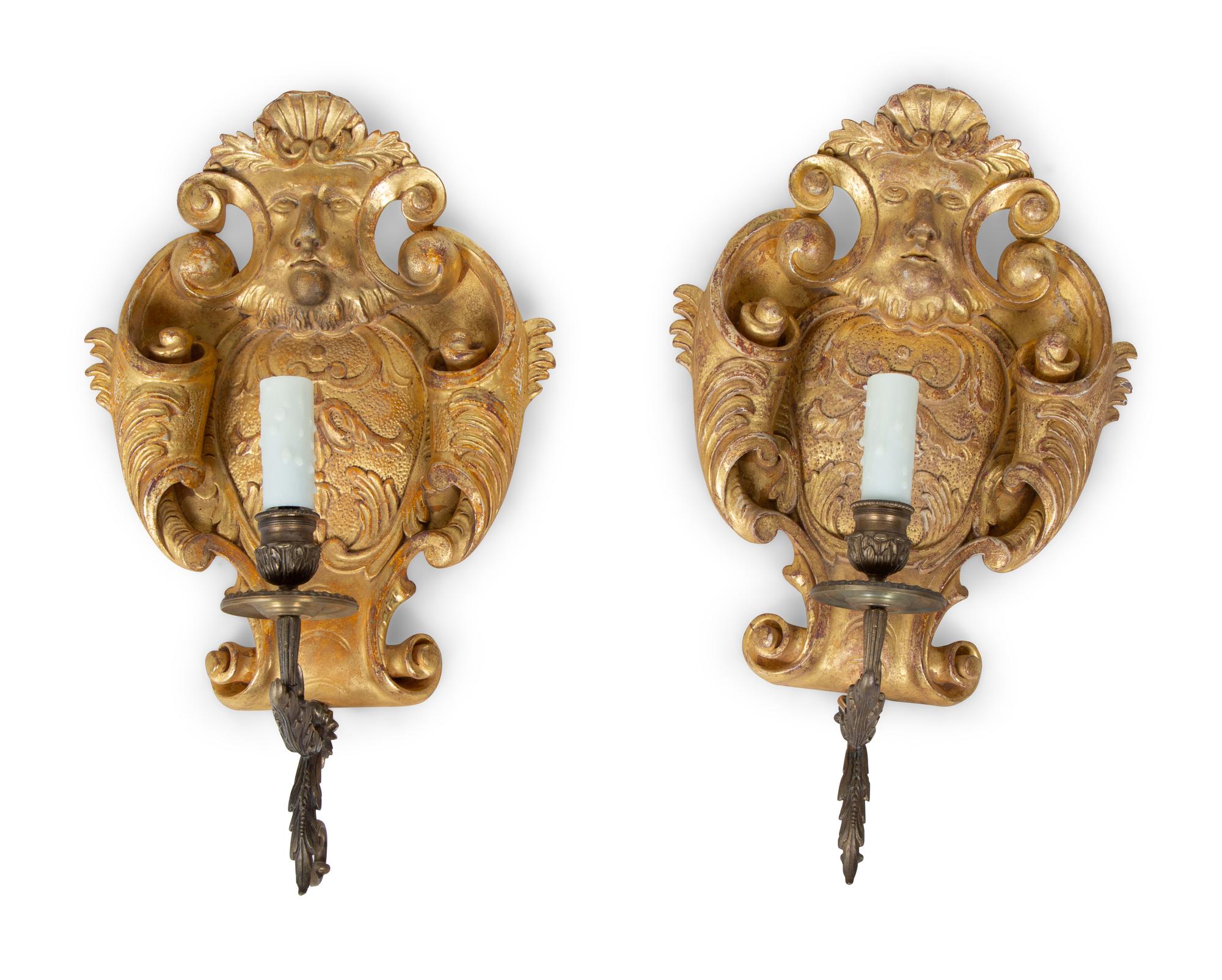 A Pair of Italian Baroque Style Giltwood and Bronze Single-Light Sconces — 19TH CENTURY