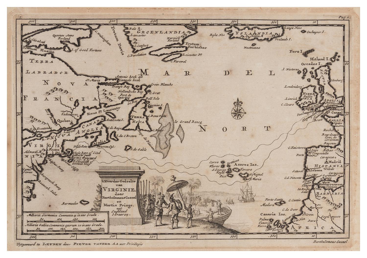 VAN DER AA, Pieter. 't Noorder Gedeelte van Virginie, door Bartholomeus Gosnol en Martin Pringe, uyt Engeland bevaaren. [1707 or later]