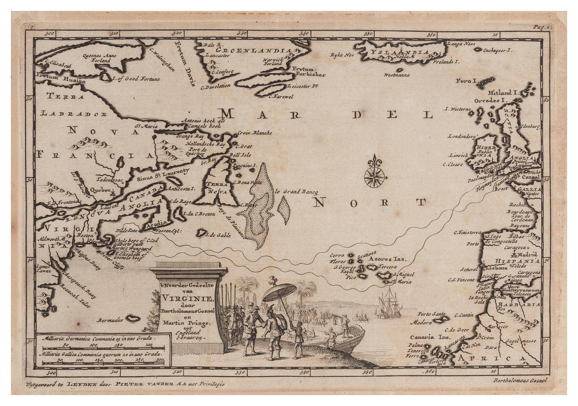 VAN DER AA, Pieter. 't Noorder Gedeelte van Virginie, door Bartholomeus Gosnol en Martin Pringe, uyt Engeland bevaaren. [1707 or later]