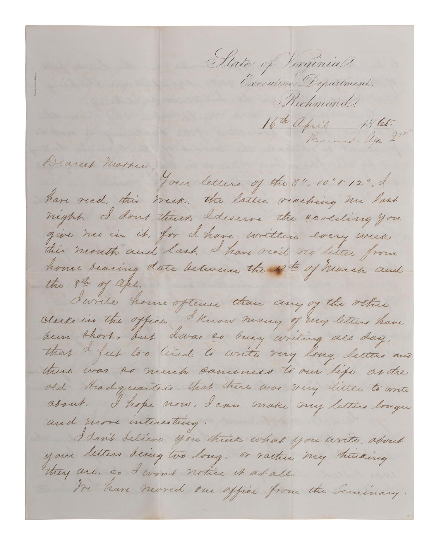 [CIVIL WAR]. Union soldier's letter written on captured Confederate stationery by Frederick C. Hale, Company F, 118th New York Infantry, with Confederate bonds. Richmond, 16 April 1865.