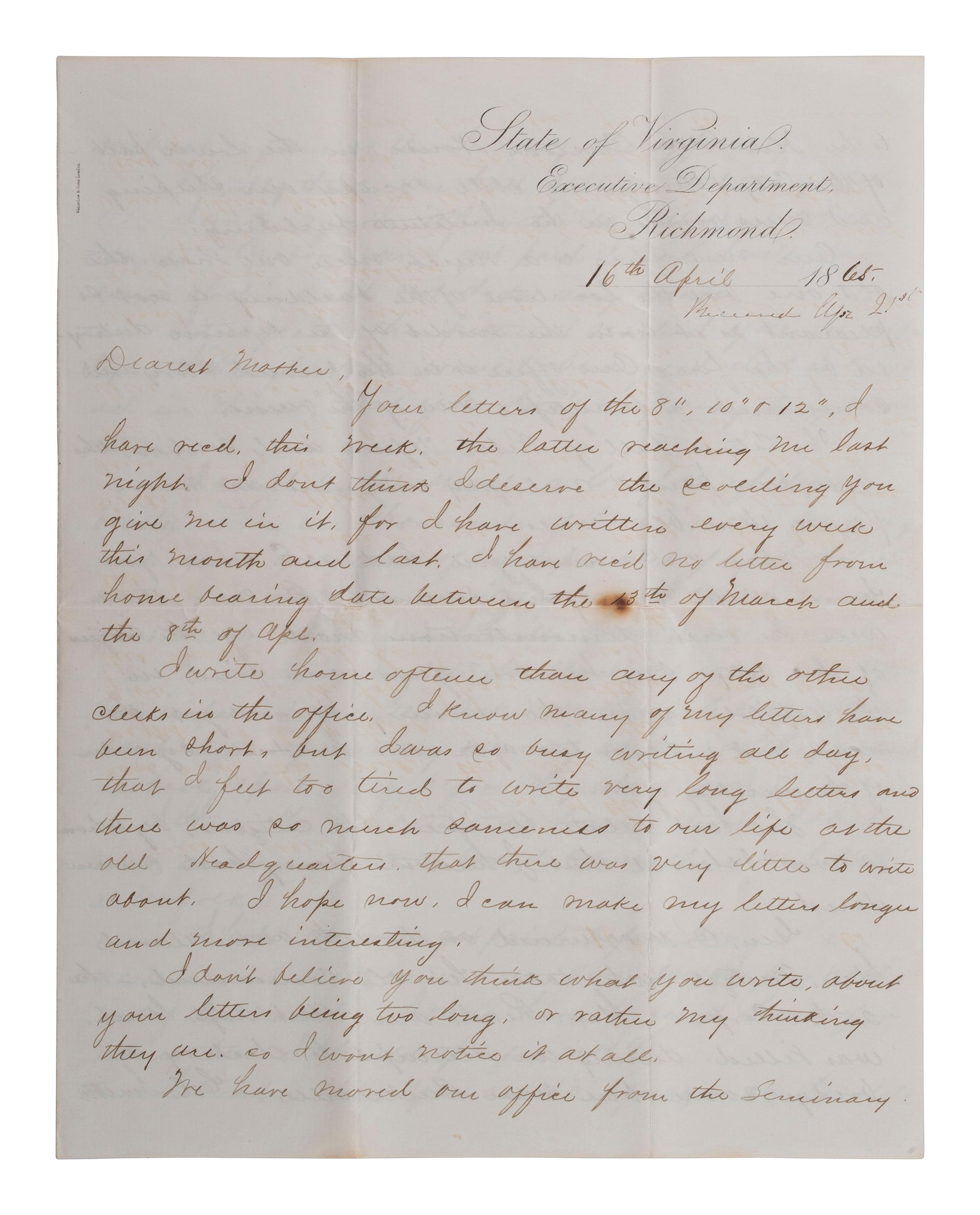 [CIVIL WAR]. Union soldier's letter written on captured Confederate stationery by Frederick C. Hale, Company F, 118th New York Infantry, with Confederate bonds. Richmond, 16 April 1865.
