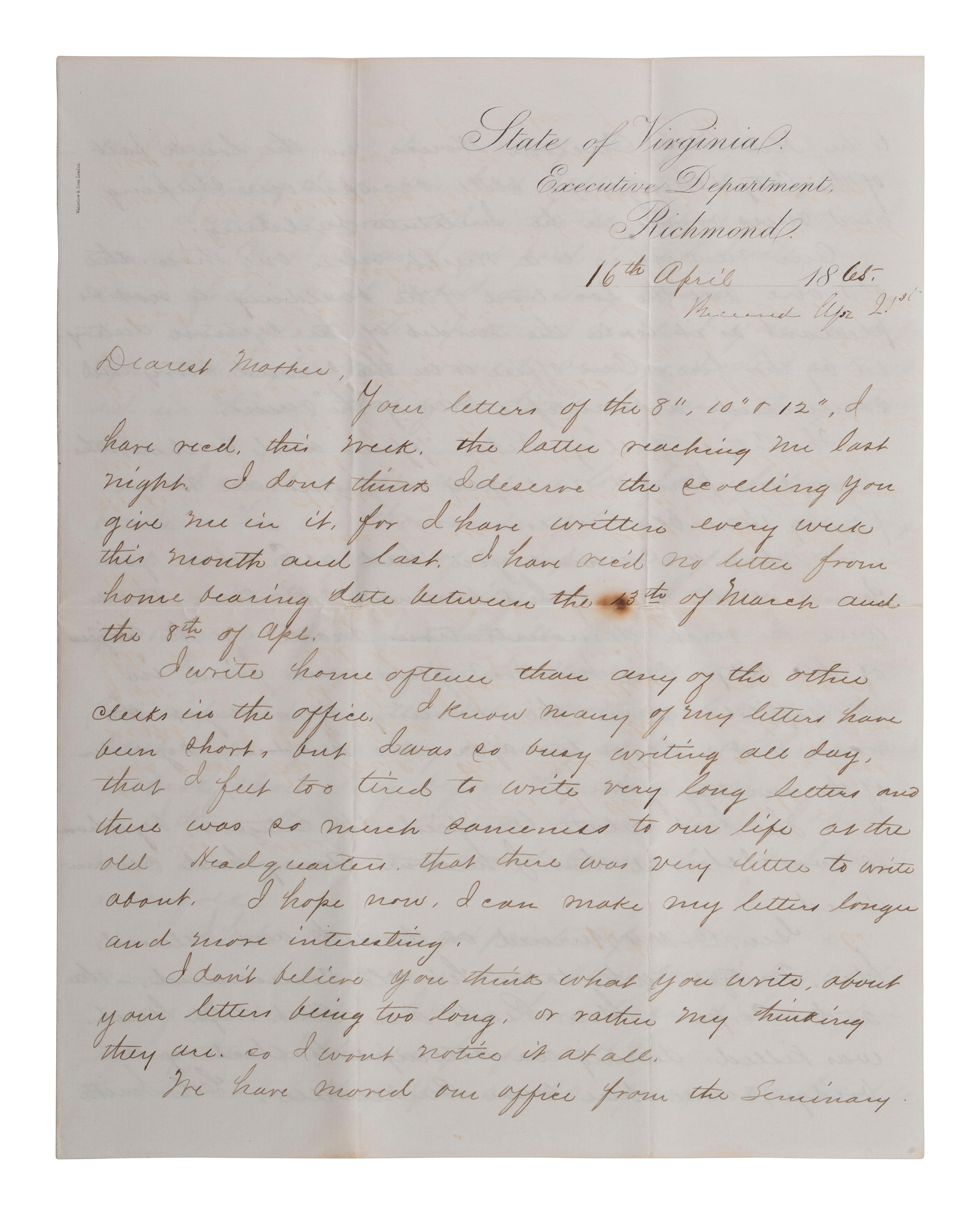 [CIVIL WAR]. Union soldier's letter written on captured Confederate stationery by Frederick C. Hale, Company F, 118th New York Infantry, with Confederate bonds. Richmond, 16 April 1865.
