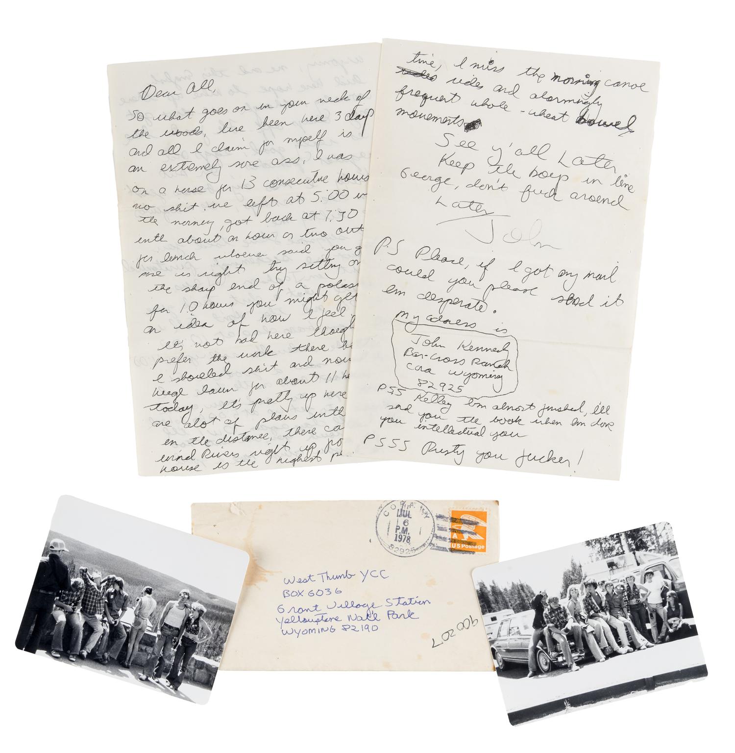 KENNEDY, John F., Jr. (1960-1999). Autograph letter signed ("John"), to a group of counselors from the West Thumb Youth Conservation Corps. Bar Cross Ranch, Cora, Wyoming, 6 July 1978.