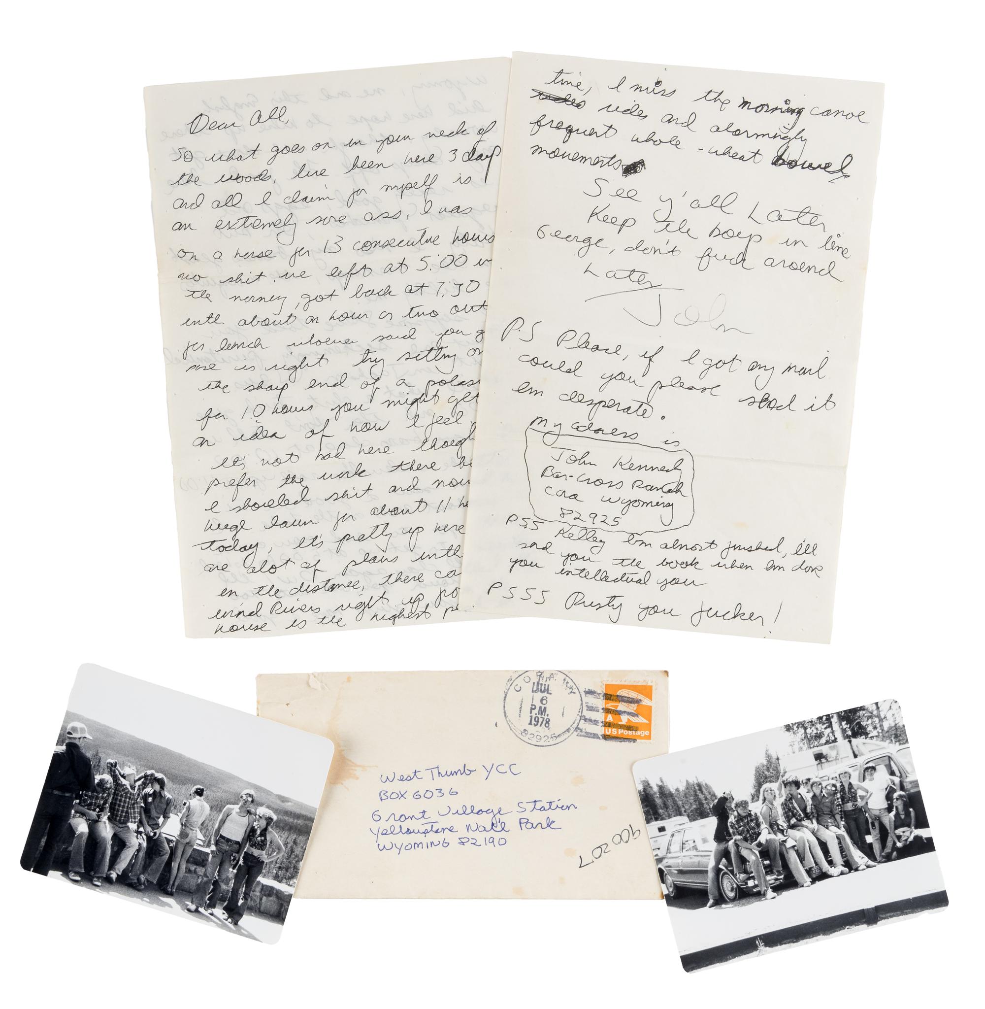KENNEDY, John F., Jr. (1960-1999). Autograph letter signed ("John"), to a group of counselors from the West Thumb Youth Conservation Corps. Bar Cross Ranch, Cora, Wyoming, 6 July 1978.