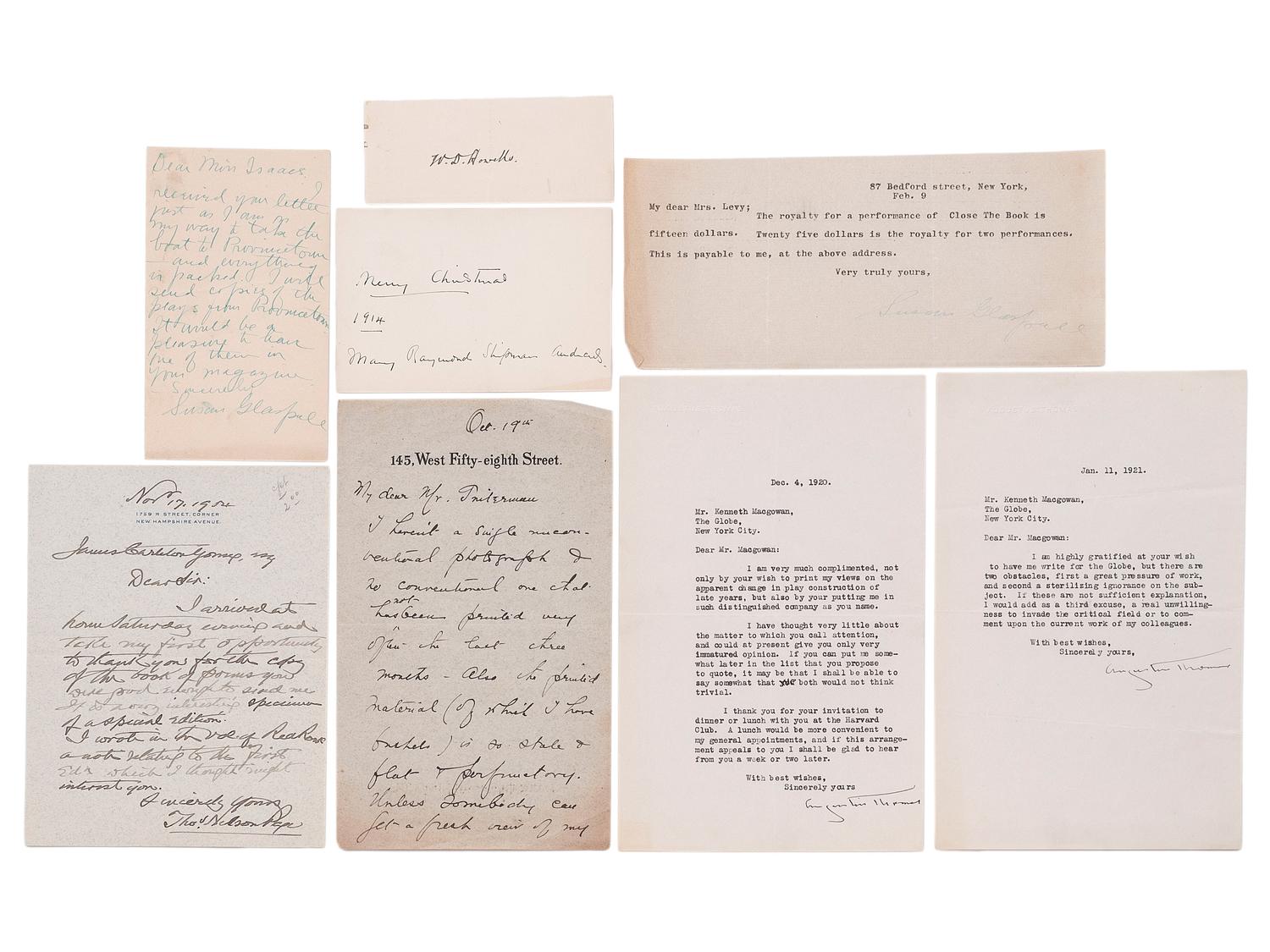 [AUTHORS] -- [PUBLISHERS]. A group of 14 autographs, including Gilbert CANNAN (1884-1955) and Owen DAVIS (1874-1956).