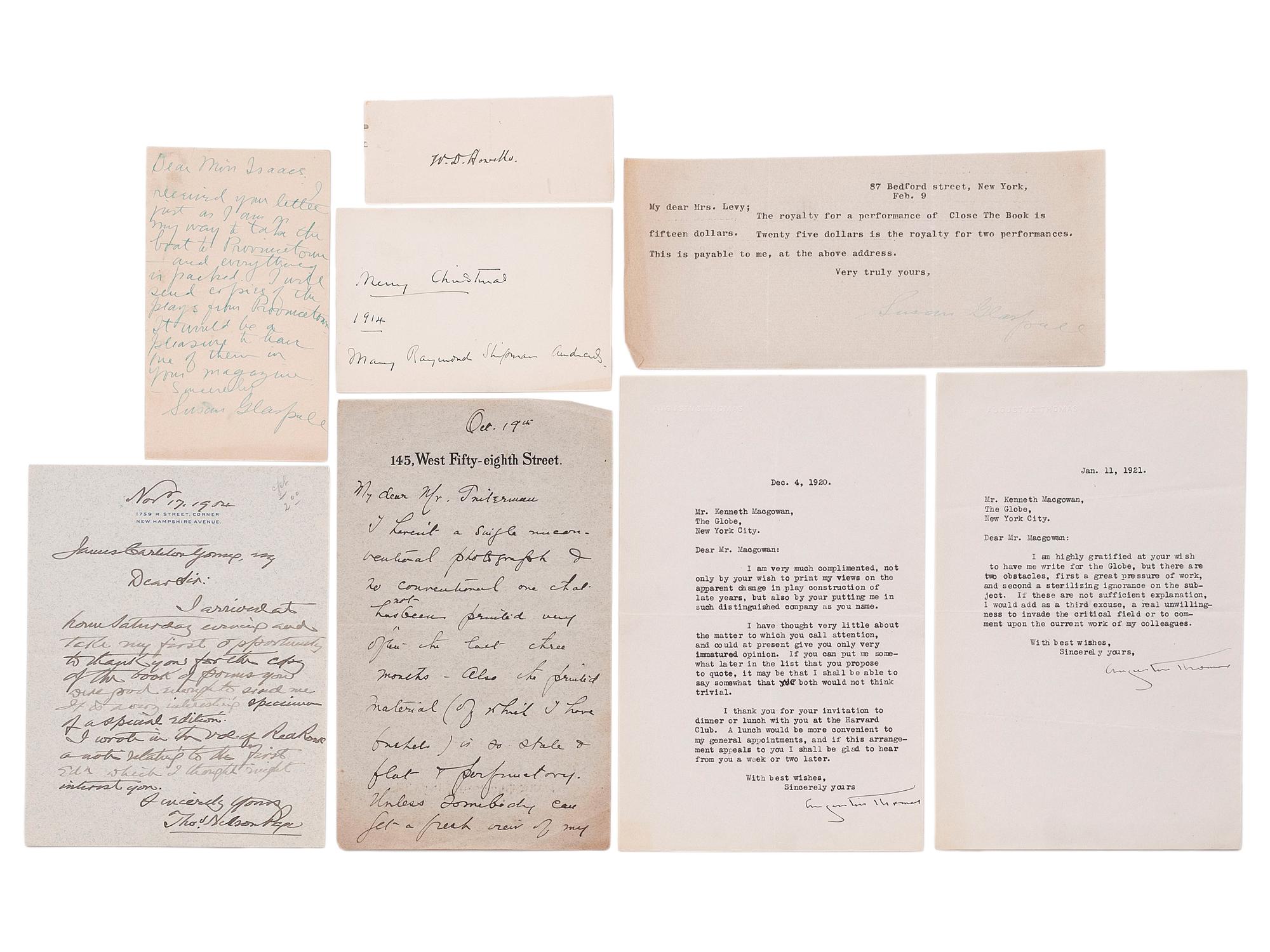 [AUTHORS] -- [PUBLISHERS]. A group of 14 autographs, including Gilbert CANNAN (1884-1955) and Owen DAVIS (1874-1956).