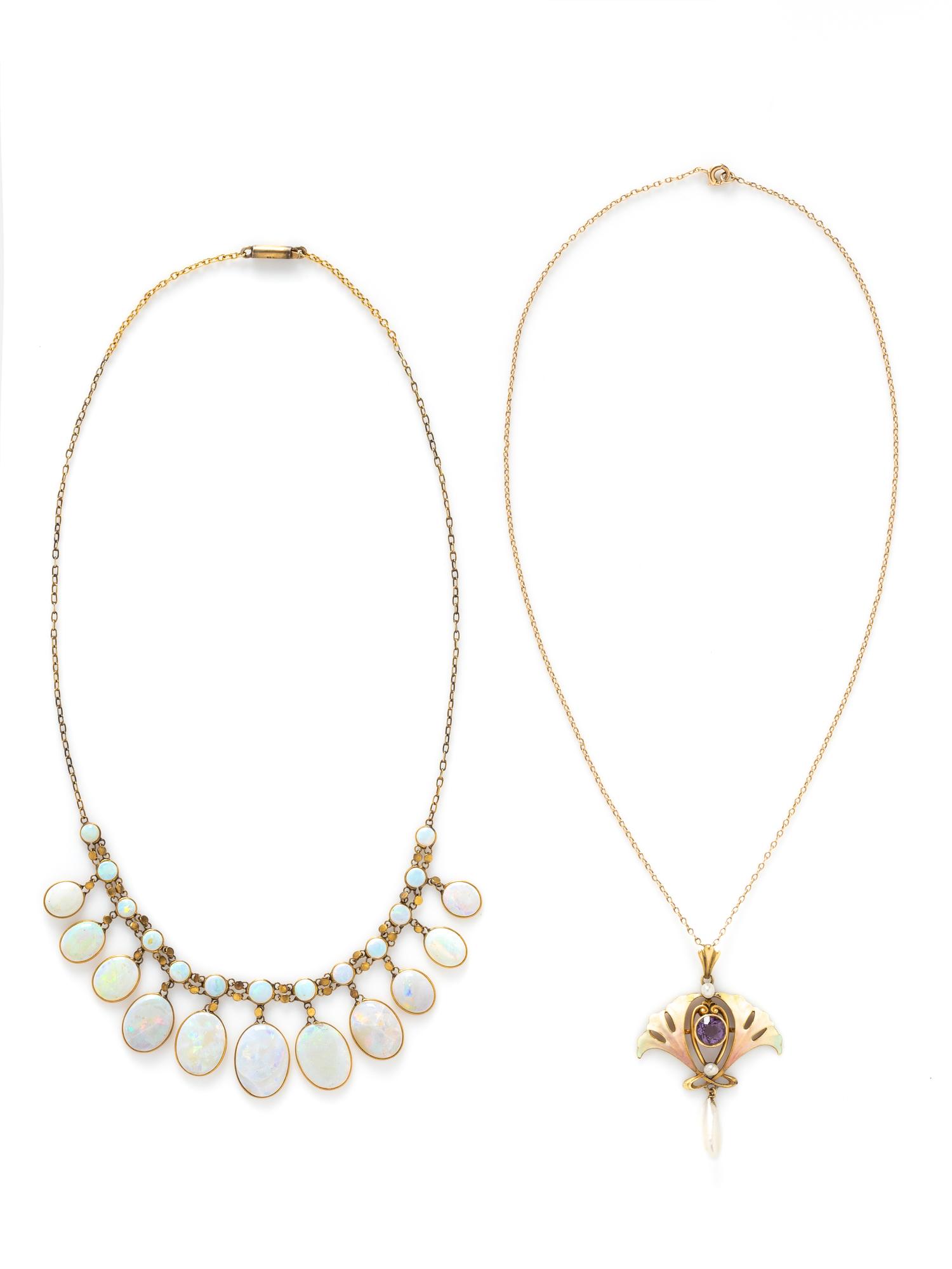 ANTIQUE, YELLOW GOLD, ENAMEL, AND GEMSTONE NECKLACE, AND OPAL GOLD-FILLED NECKLACE