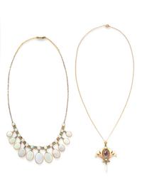 ANTIQUE, YELLOW GOLD, ENAMEL, AND GEMSTONE NECKLACE, AND OPAL GOLD-FILLED NECKLACE