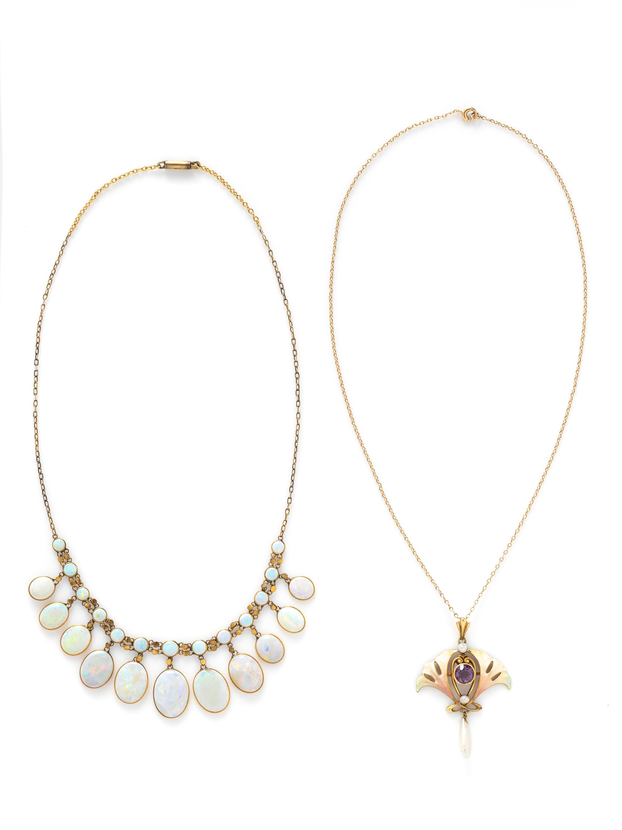 ANTIQUE, YELLOW GOLD, ENAMEL, AND GEMSTONE NECKLACE, AND OPAL GOLD-FILLED NECKLACE