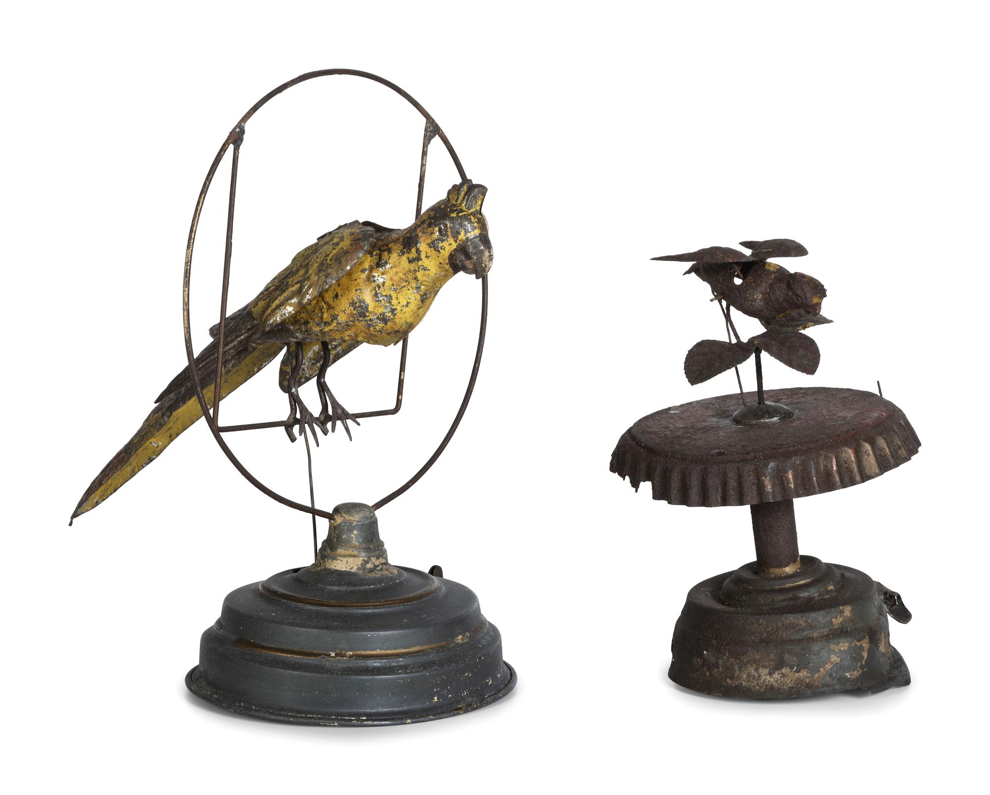 Two German Painted Tin Windup Bird Toys
