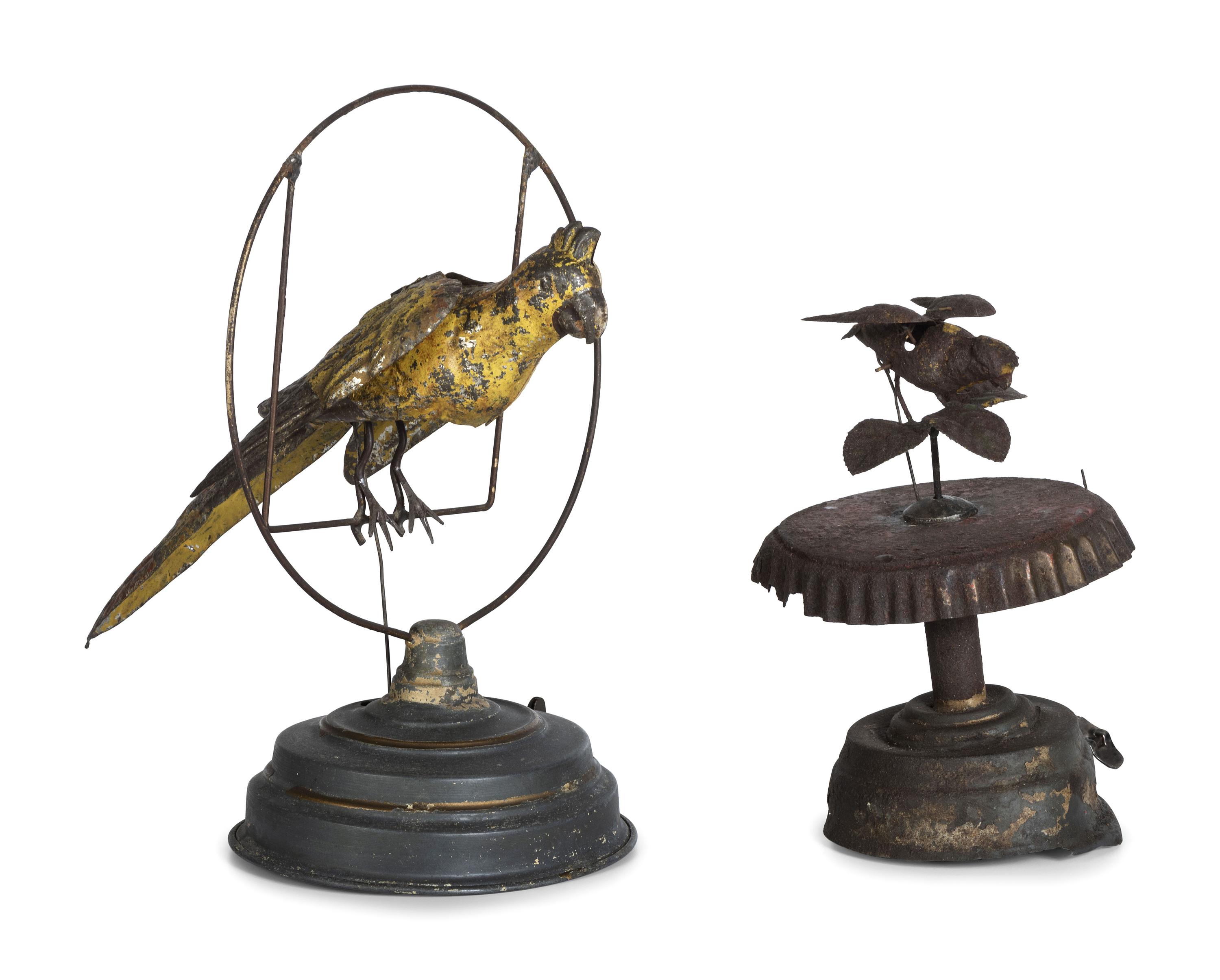 Two German Painted Tin Windup Bird Toys
