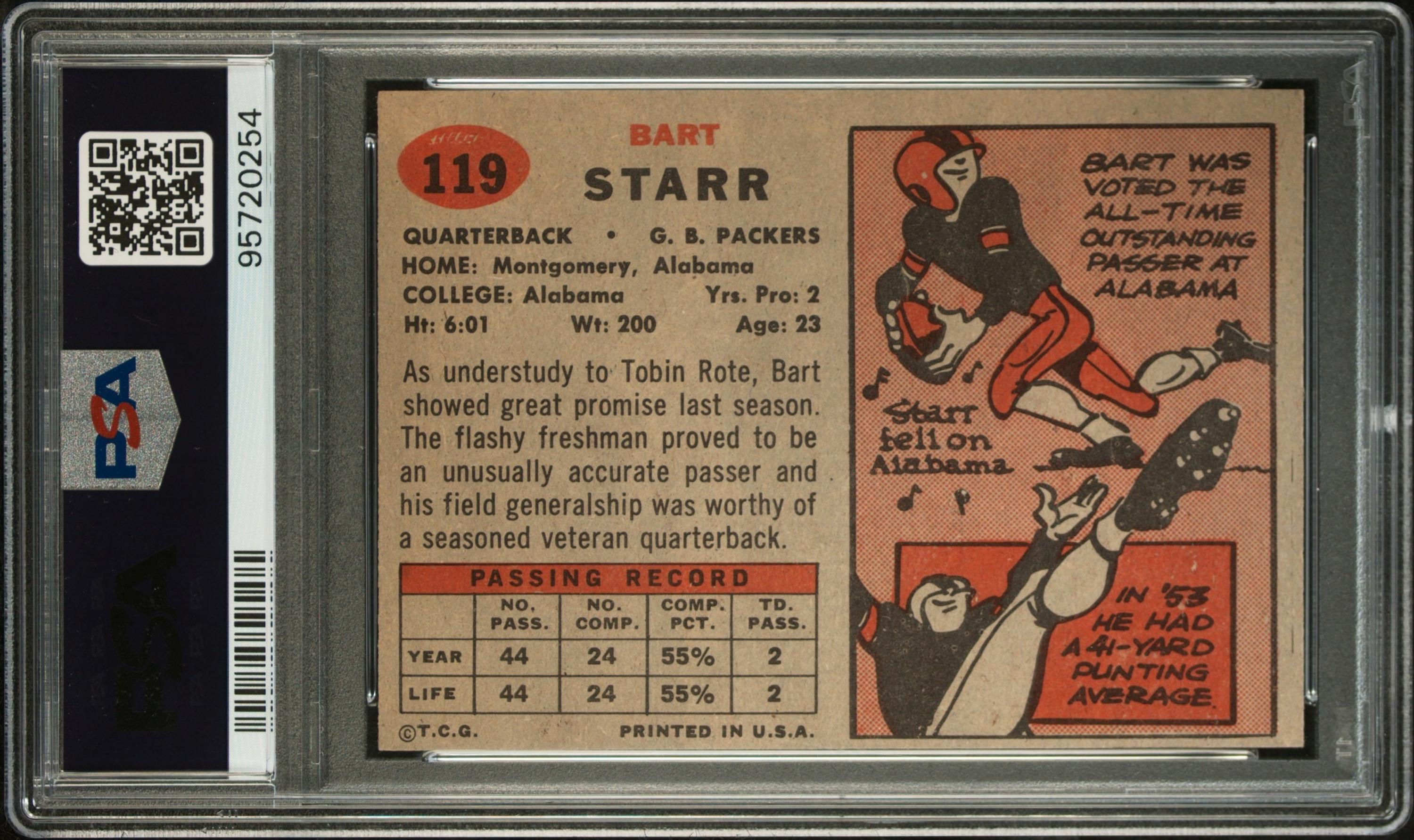 A 1957 Topps Bart Starr Rookie Football Card No. 119 (PSA 8 NM-MT OC)