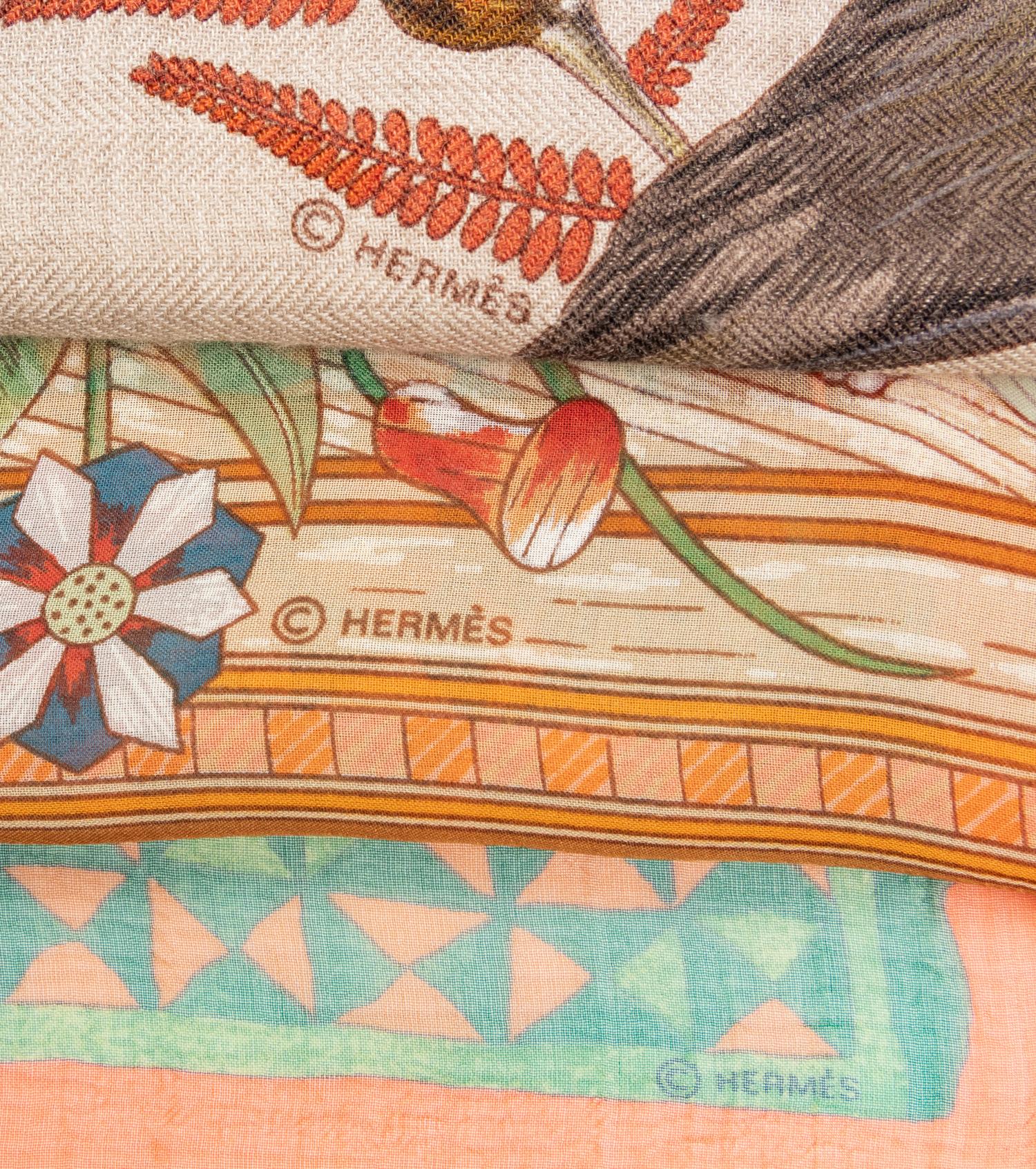 Three 90cm Hermès Scarves: Two Silk/Chiffon, One Cashmere/Silk