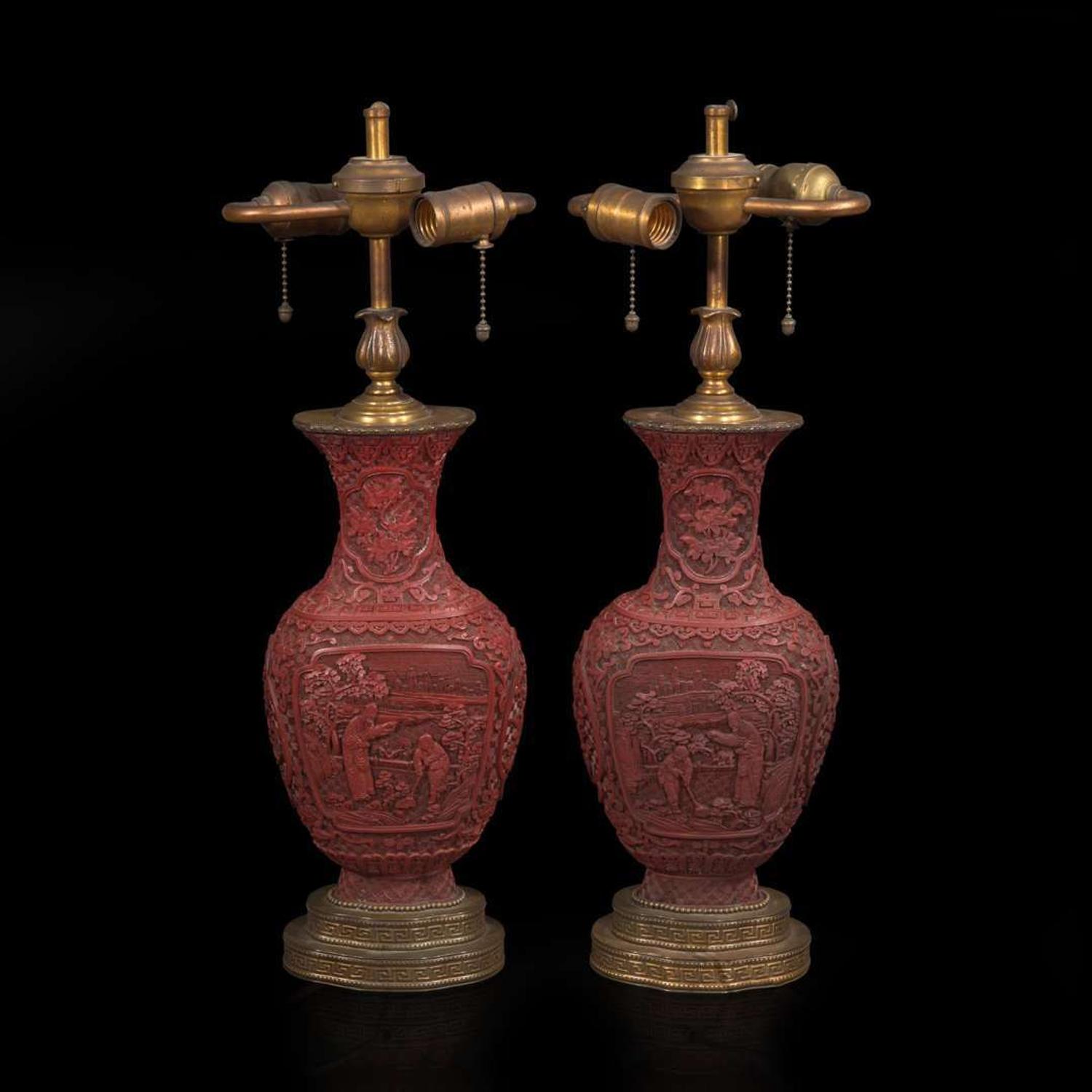 A pair of Chinese carved cinnabar lacquer vases 朱漆花樽一对 19th/20th century ???????