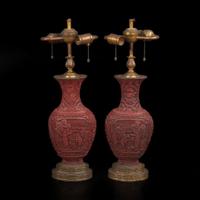 A pair of Chinese carved cinnabar lacquer vases 朱漆花樽一对 19th/20th century ???????