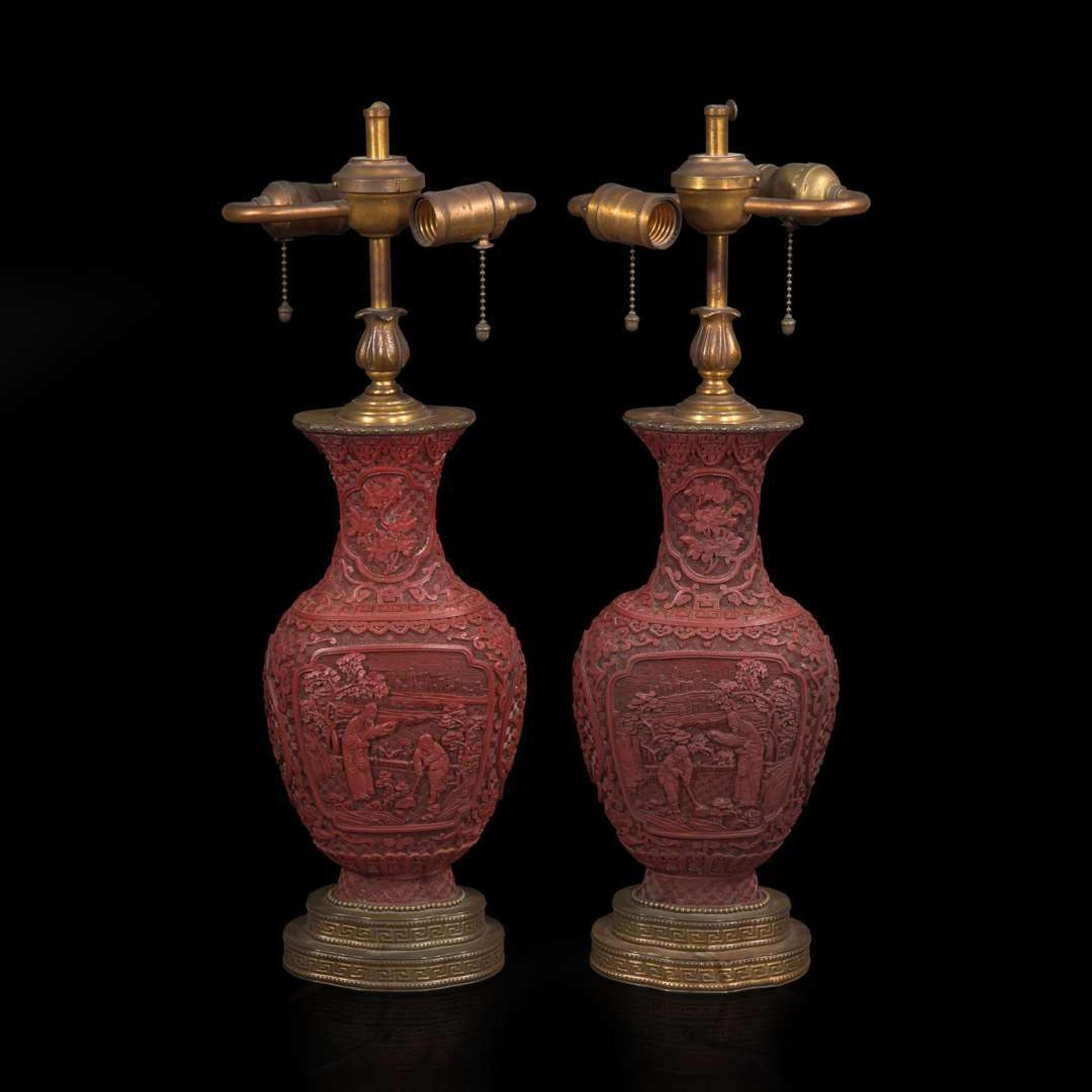 A pair of Chinese carved cinnabar lacquer vases 朱漆花樽一对 19th/20th century ???????