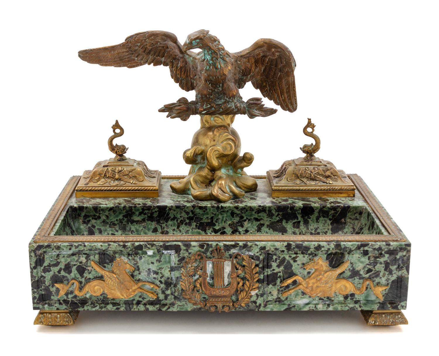 An Empire Style Gilt Bronze and Marble Encrier Width 14 inches. — LATE 19TH/EARLY 20TH CENTURY