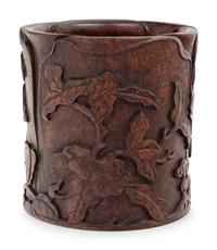 A Carved Hardwood 'Foliate' Brushpot, Bitong