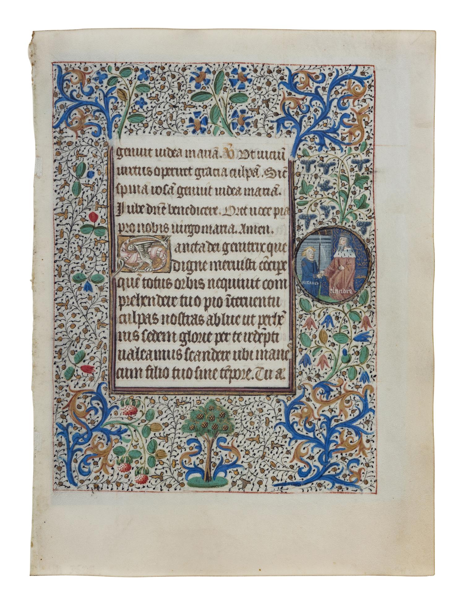 CIRCLE OF THE MASTER OF COËTIVY (COLIN D’AMIENS) (active Paris, c. 1450-1485) A leaf from the “Alexis Hours,” including two roundels with scenes from the Life of Saint Alexius, illuminated manuscript on parchment, in Latin [France, Paris, ca. 1460–1470]