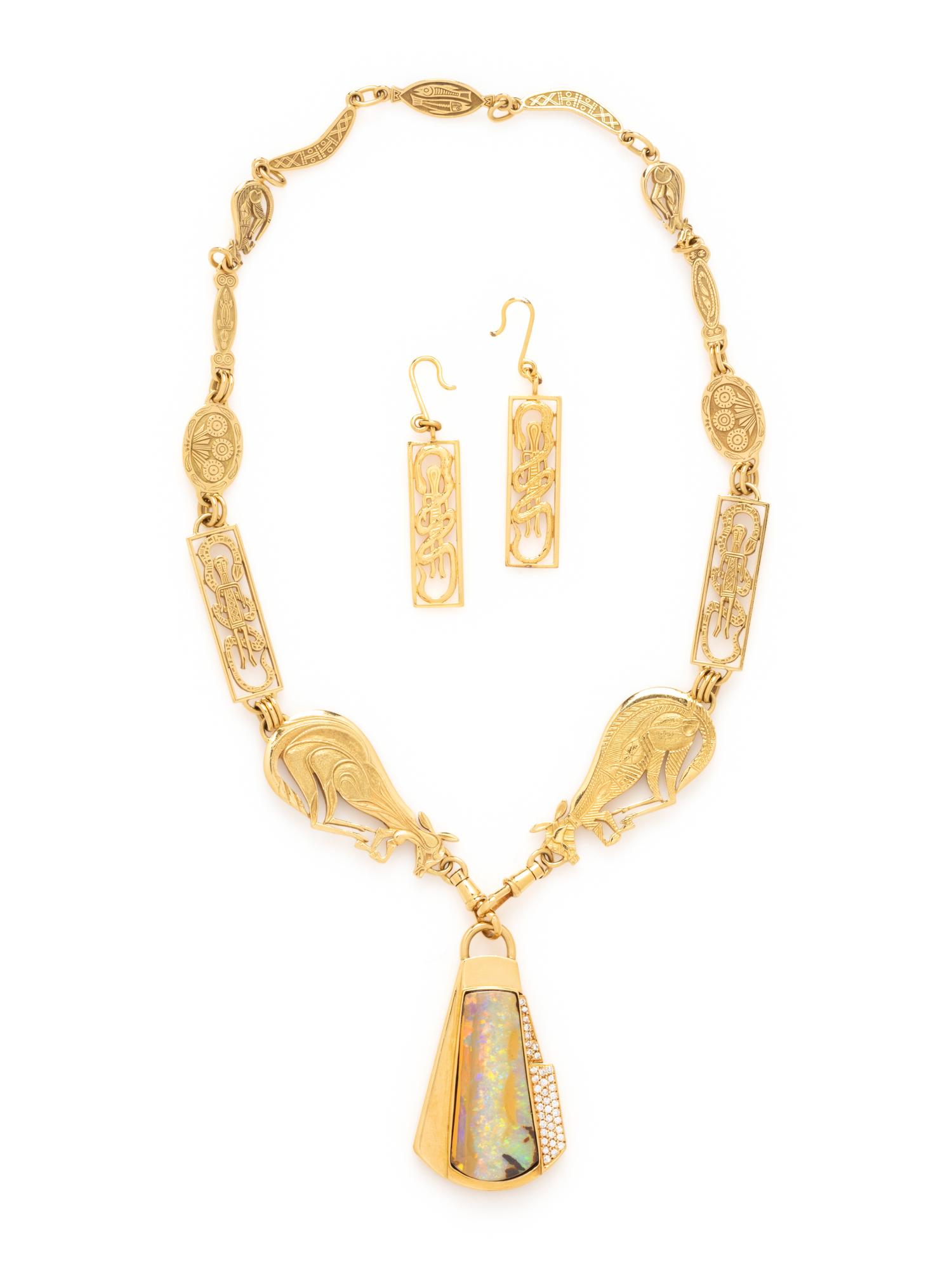 OPAL AND DIAMOND PENDANT WITH YELLOW GOLD CHAIN AND EARRINGS