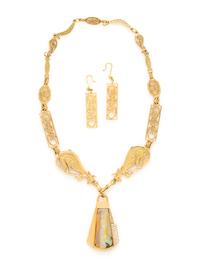 OPAL AND DIAMOND PENDANT WITH YELLOW GOLD CHAIN AND EARRINGS