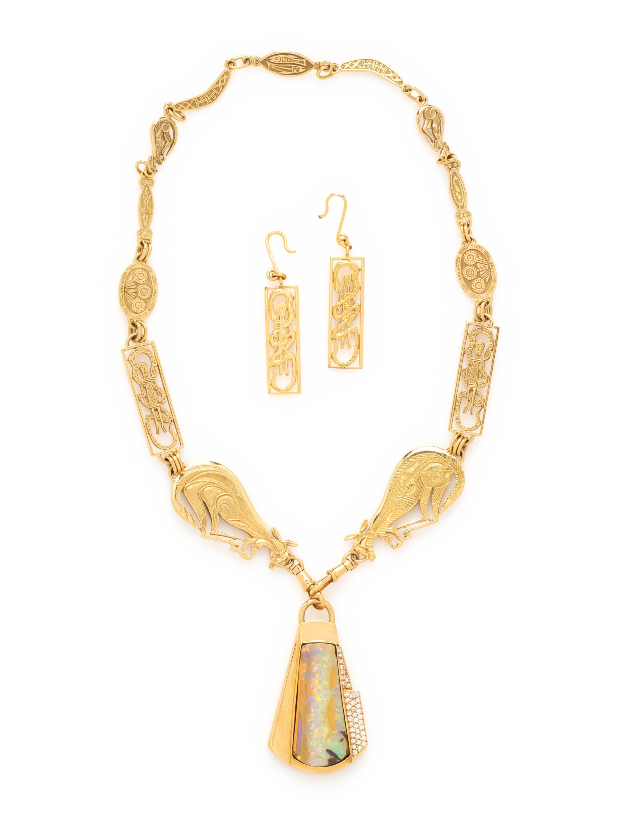 OPAL AND DIAMOND PENDANT WITH YELLOW GOLD CHAIN AND EARRINGS