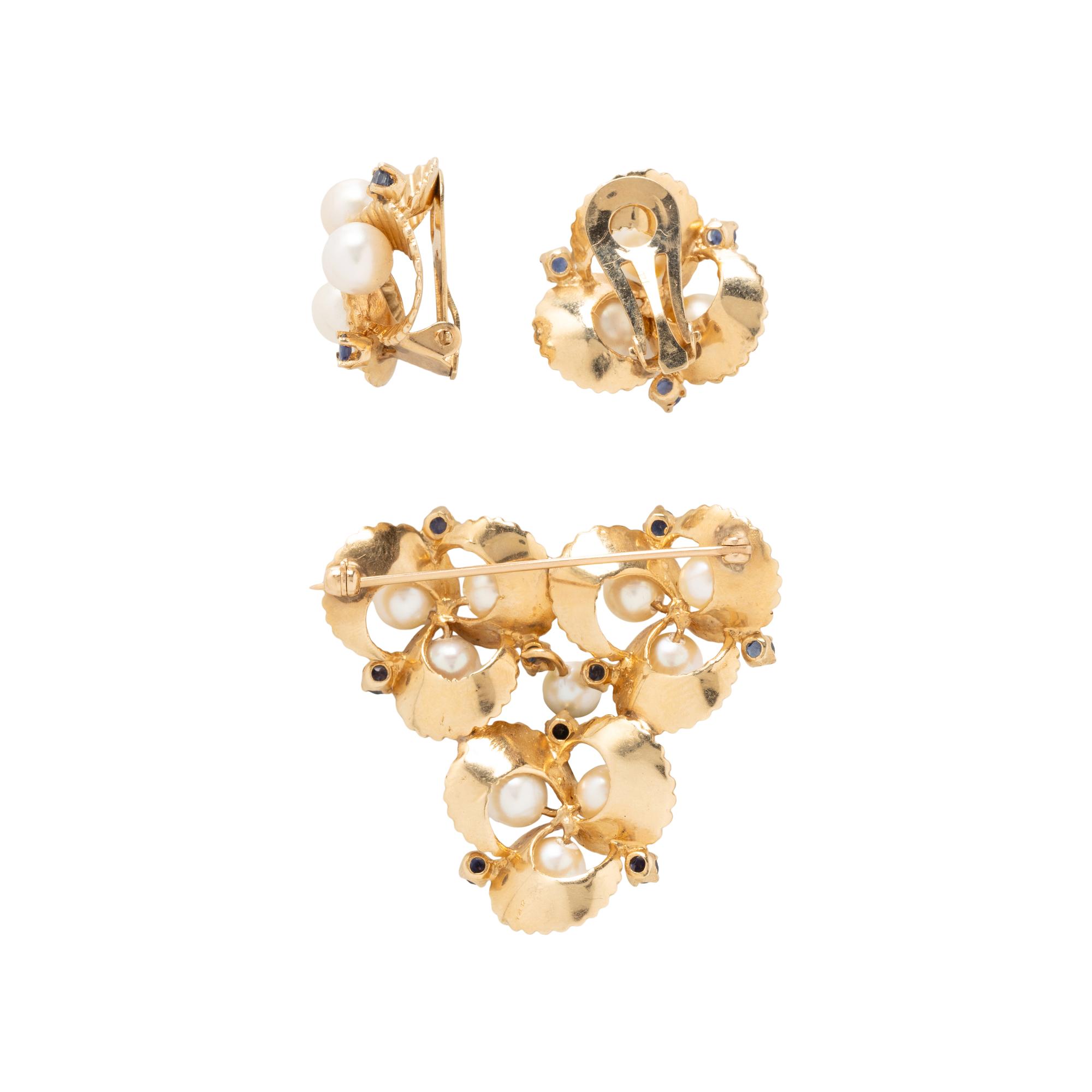 YELLOW GOLD, SAPPHIRE, AND CULTURED PEARL SET