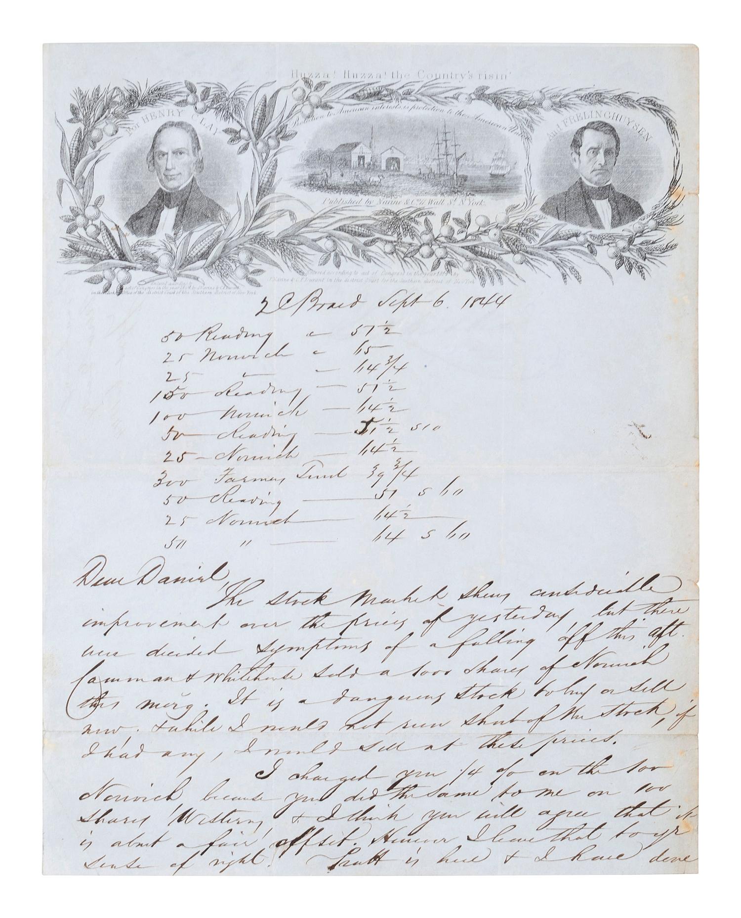 [POLITICS]. Huzza! Huzza! The Country's risin' For Henry Clay and Frelinghuysen . Illustrated letter sheet. New York: Narine & Durant, 1844.