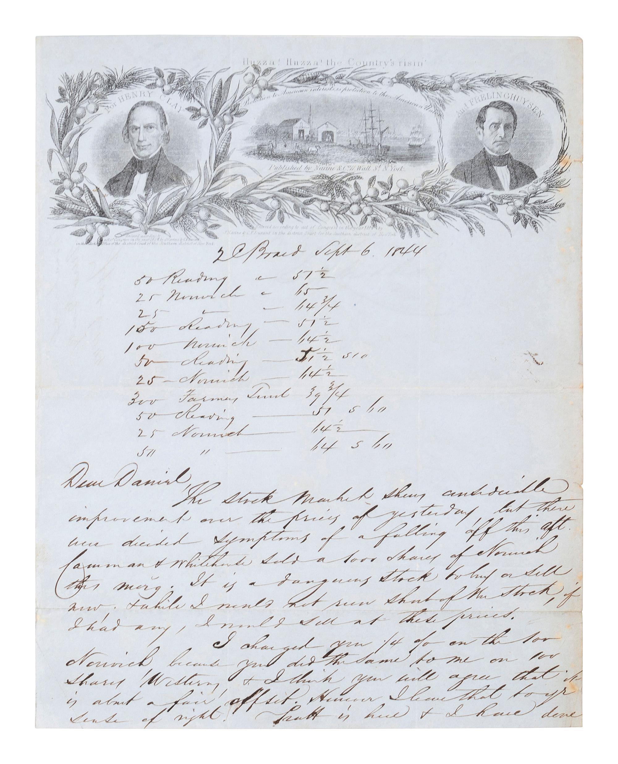 [POLITICS]. Huzza! Huzza! The Country's risin' For Henry Clay and Frelinghuysen . Illustrated letter sheet. New York: Narine & Durant, 1844.