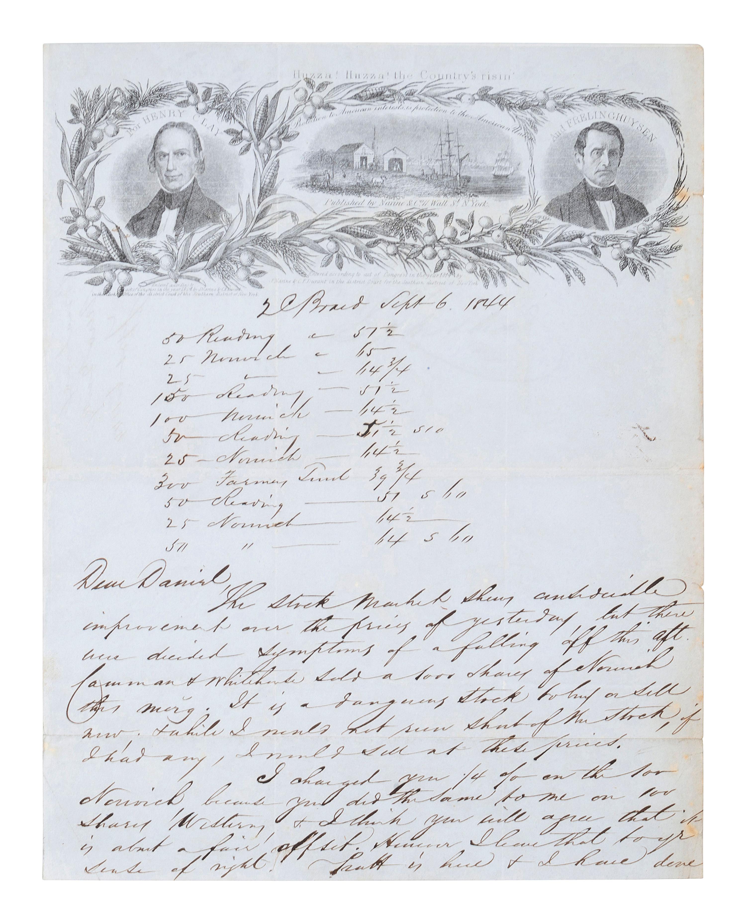 [POLITICS]. Huzza! Huzza! The Country's risin' For Henry Clay and Frelinghuysen . Illustrated letter sheet. New York: Narine & Durant, 1844.