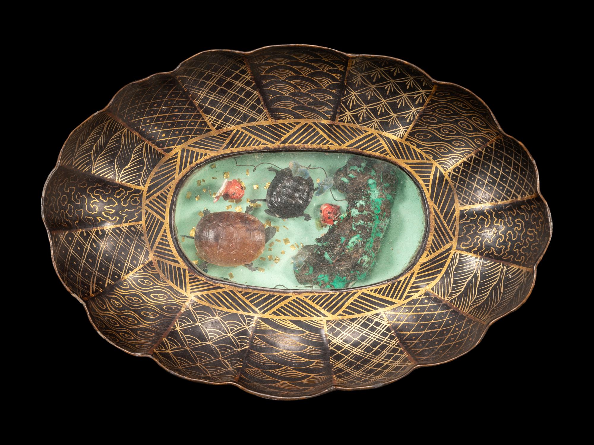 A Japanese Black and Gold Lacquer 'Turtle' Stem Dish