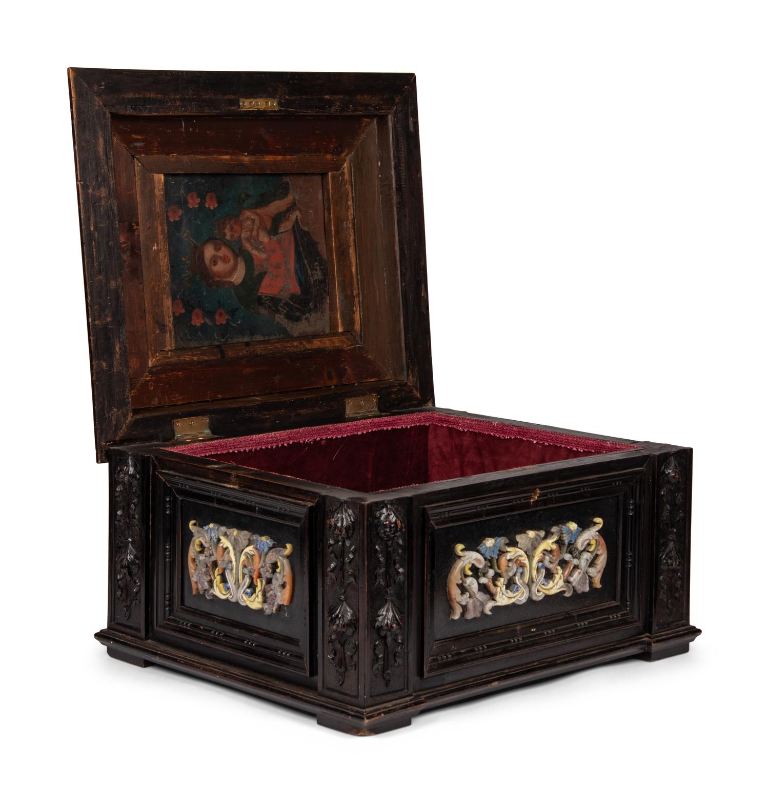 A Continental Baroque Style Hardstone Mounted Ebonized Table Casket