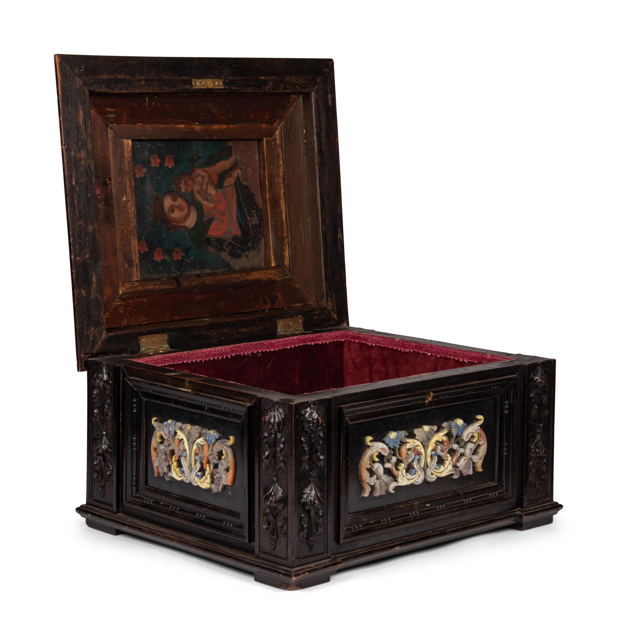 A Continental Baroque Style Hardstone Mounted Ebonized Table Casket