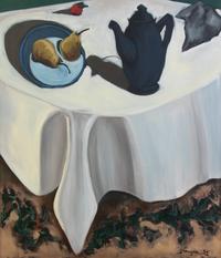 Dark Blue Teapot on White Table Cloth Still Life