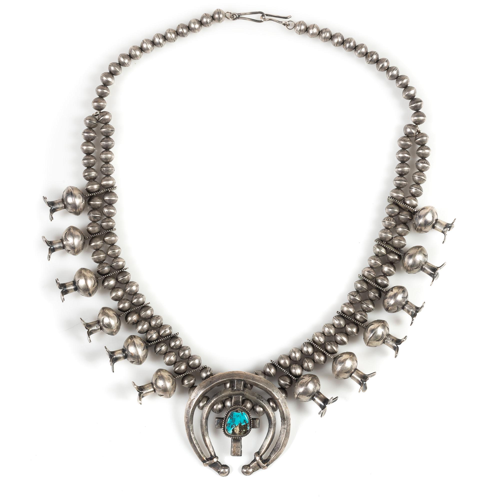 Navajo Silver and Turquoise Squash Blossom Necklace