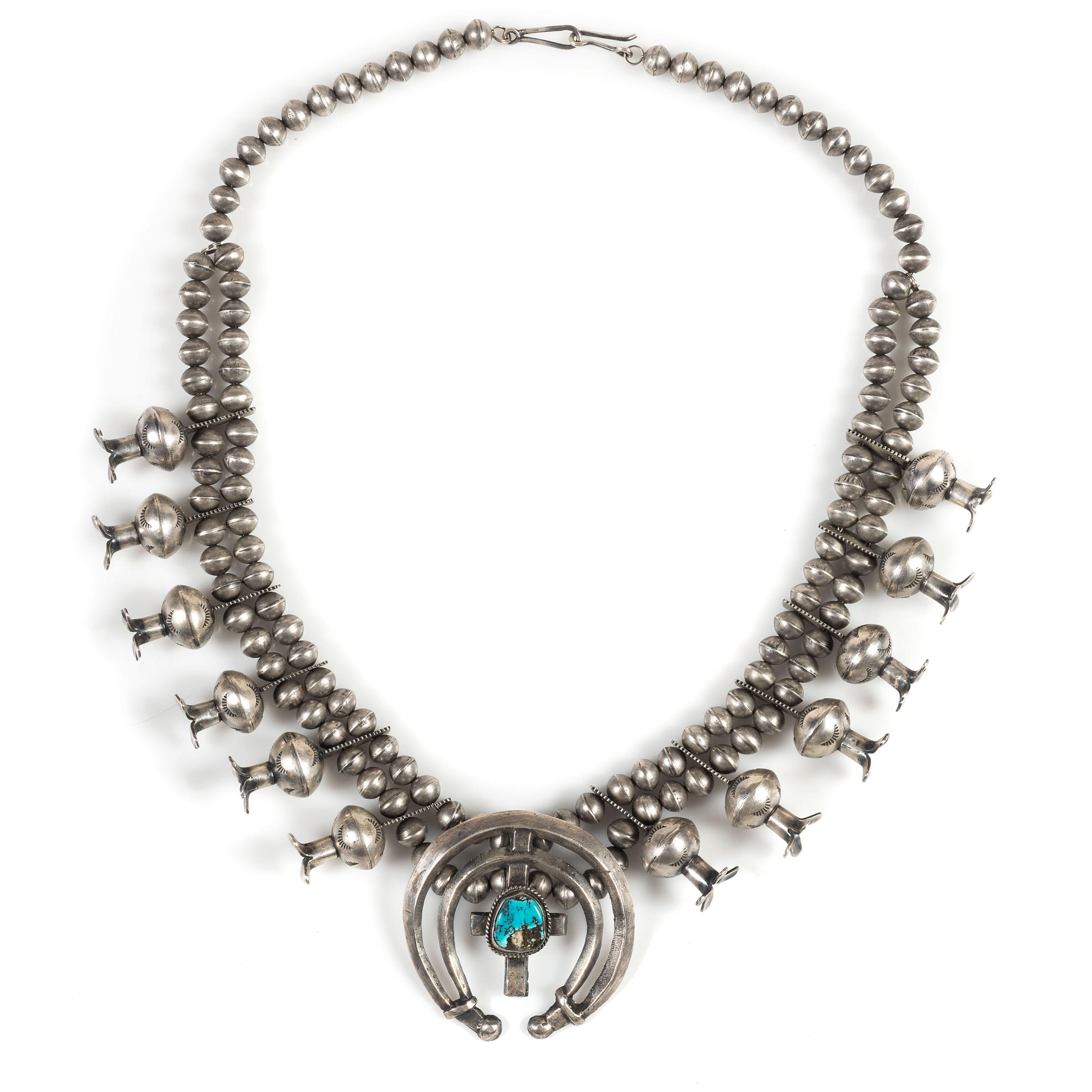 Navajo Silver and Turquoise Squash Blossom Necklace