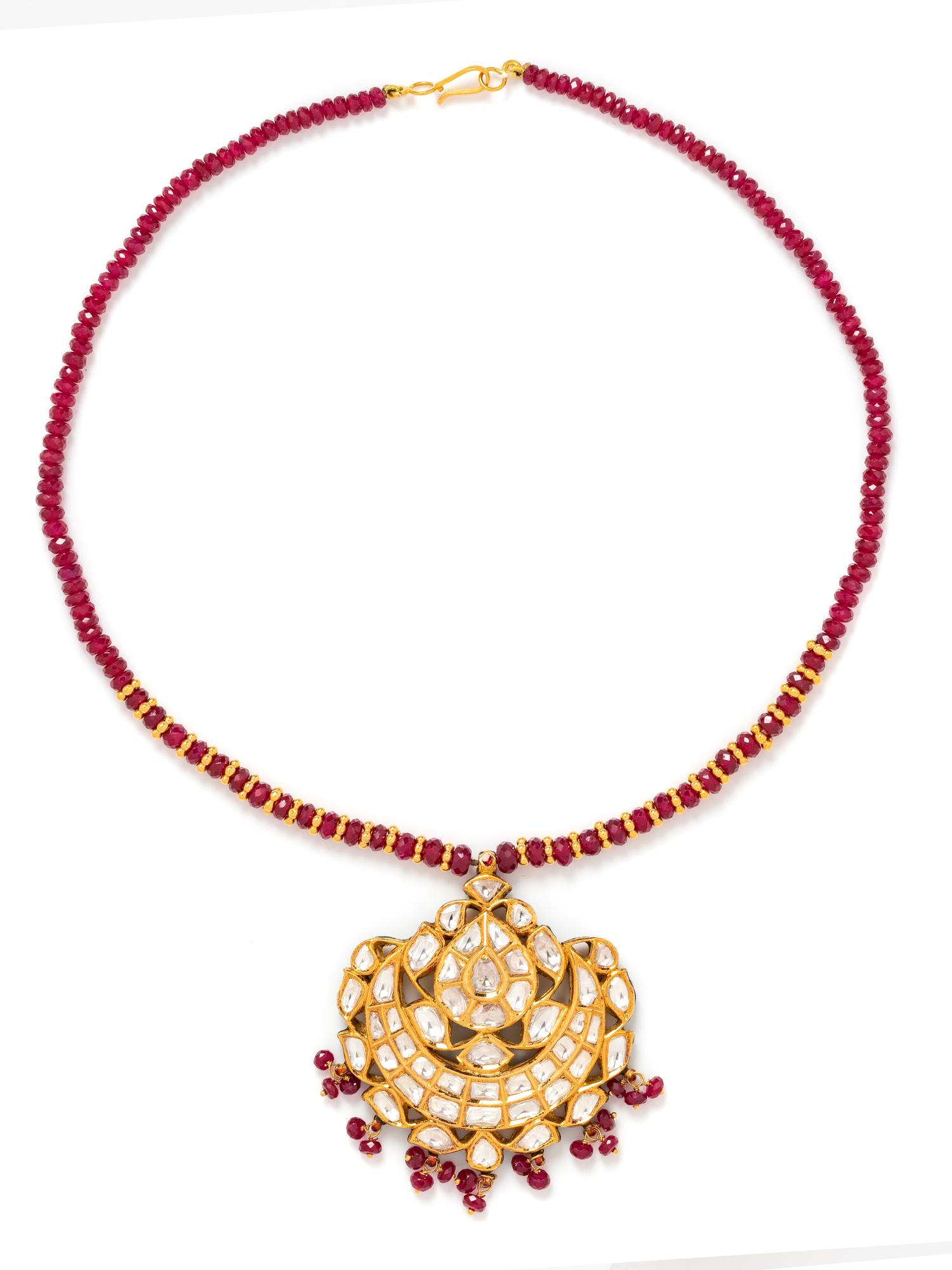 A Kundan High Karat Yellow Gold, Diamond, Polychrome Enamel and Ruby Necklace, Indian,