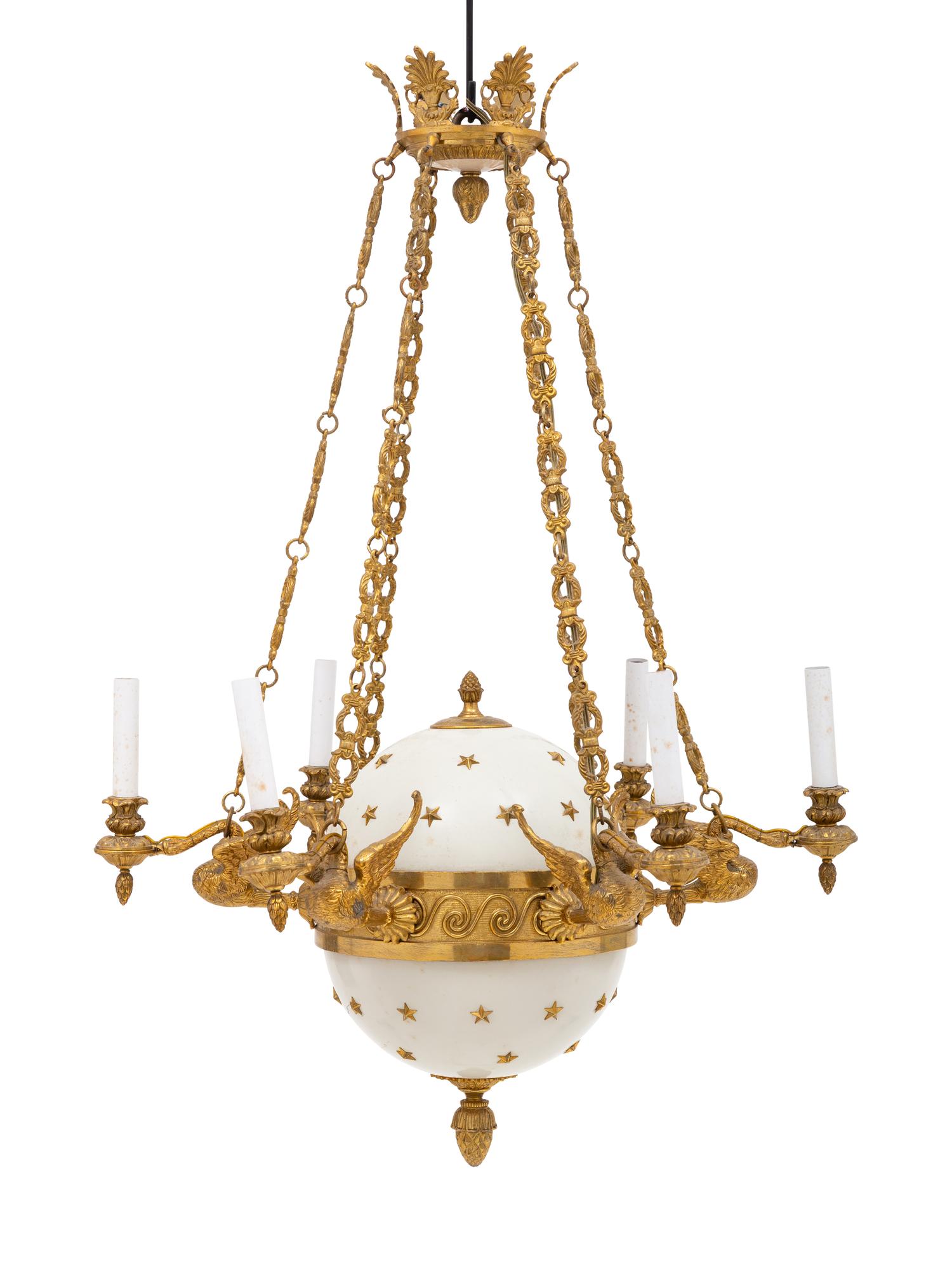 An Empire Style Gilt Bronze and Tole Six-Light Chandelier