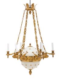 An Empire Style Gilt Bronze and Tole Six-Light Chandelier